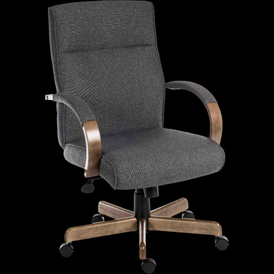 Gray office chair with wooden armrests and base on a black background