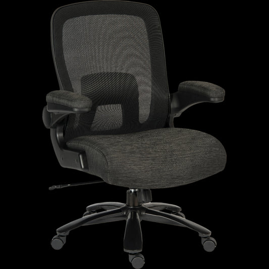 Gray office chair with mesh back on a black background
