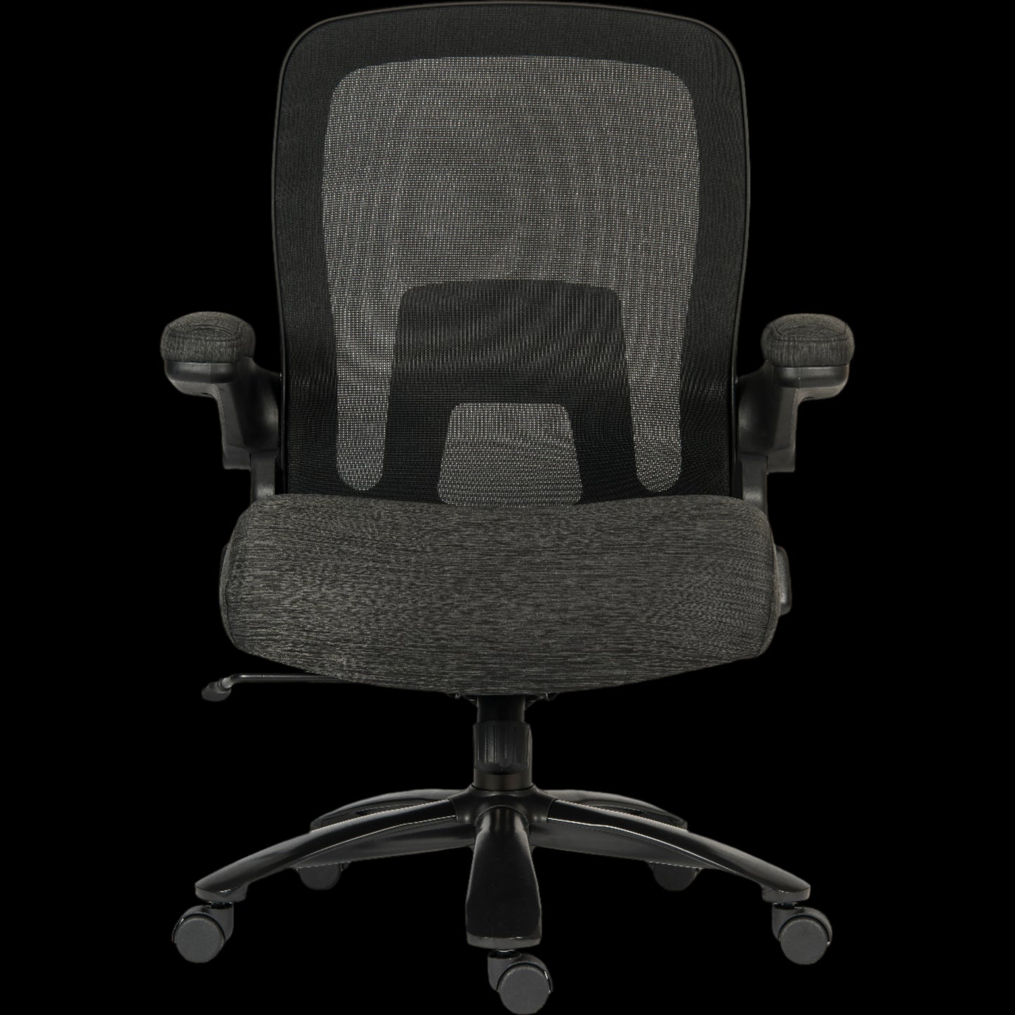 Black office chair with mesh back on a black background