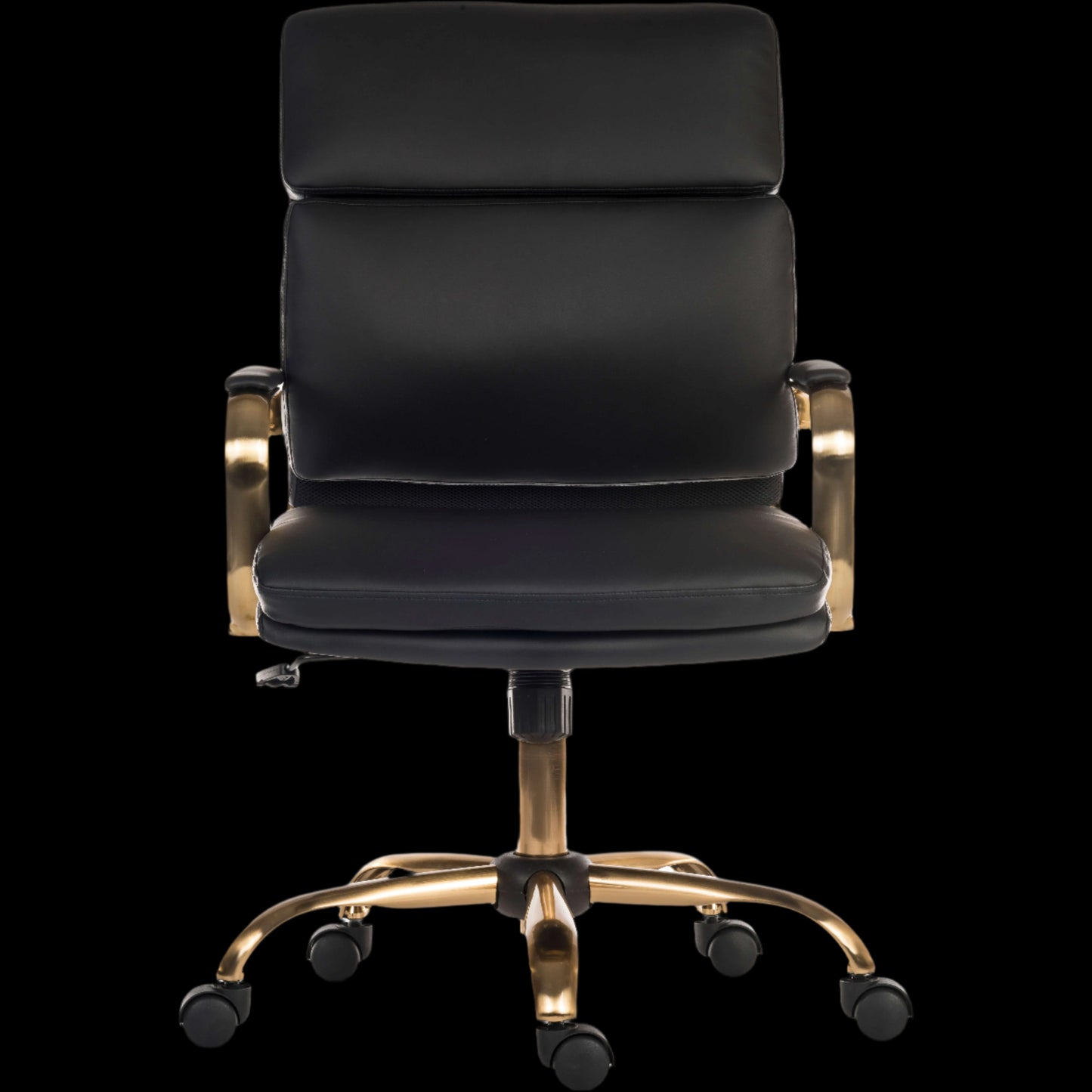 Black office chair with gold accents on a black background