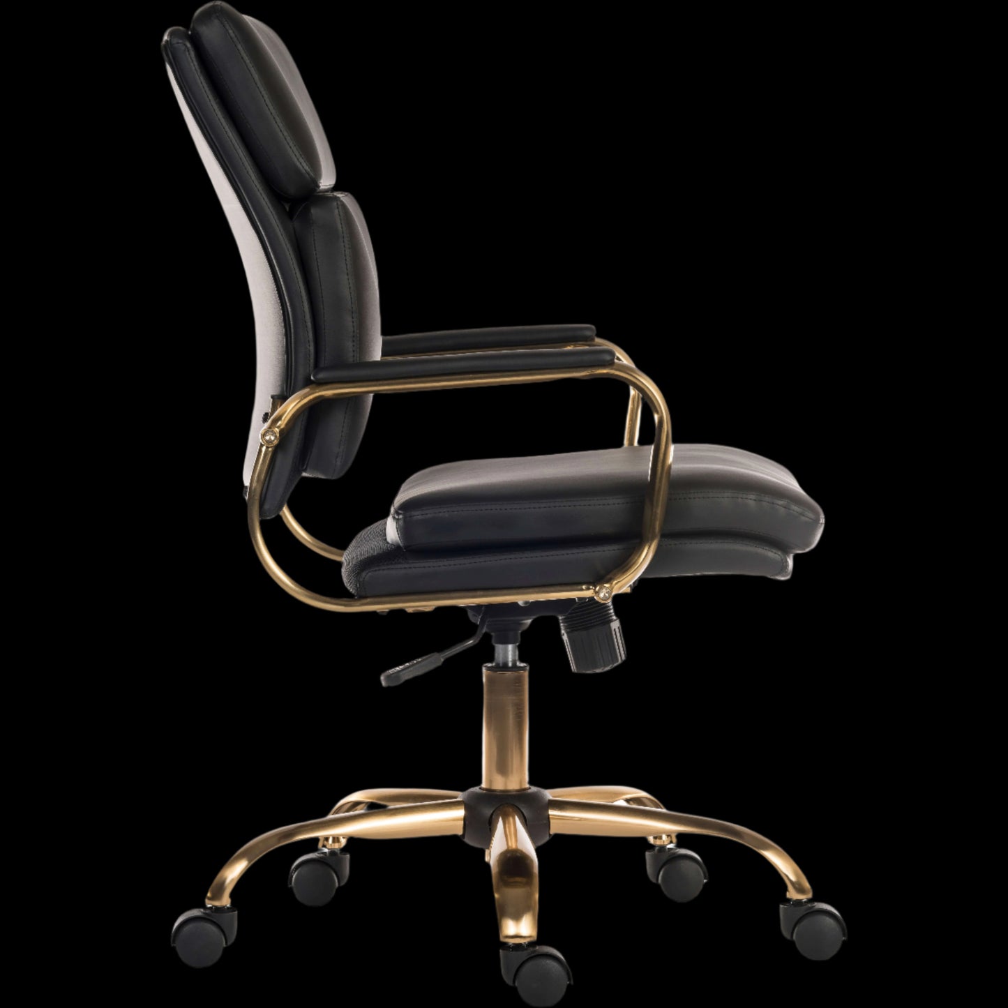 Black office chair with gold accents on a black background