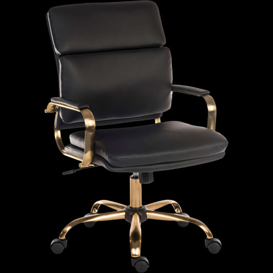 Black office chair with gold accents on a black background