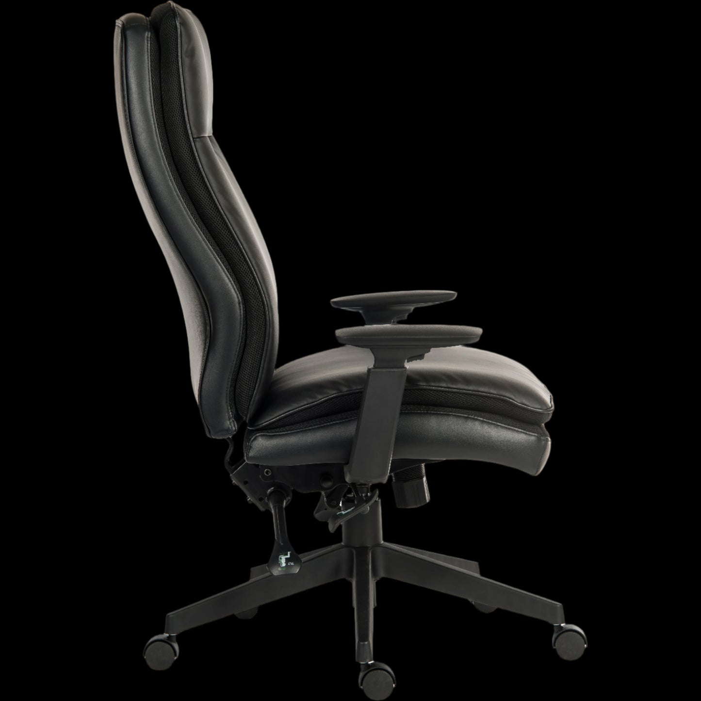 black office chair with adjustable features on a black background