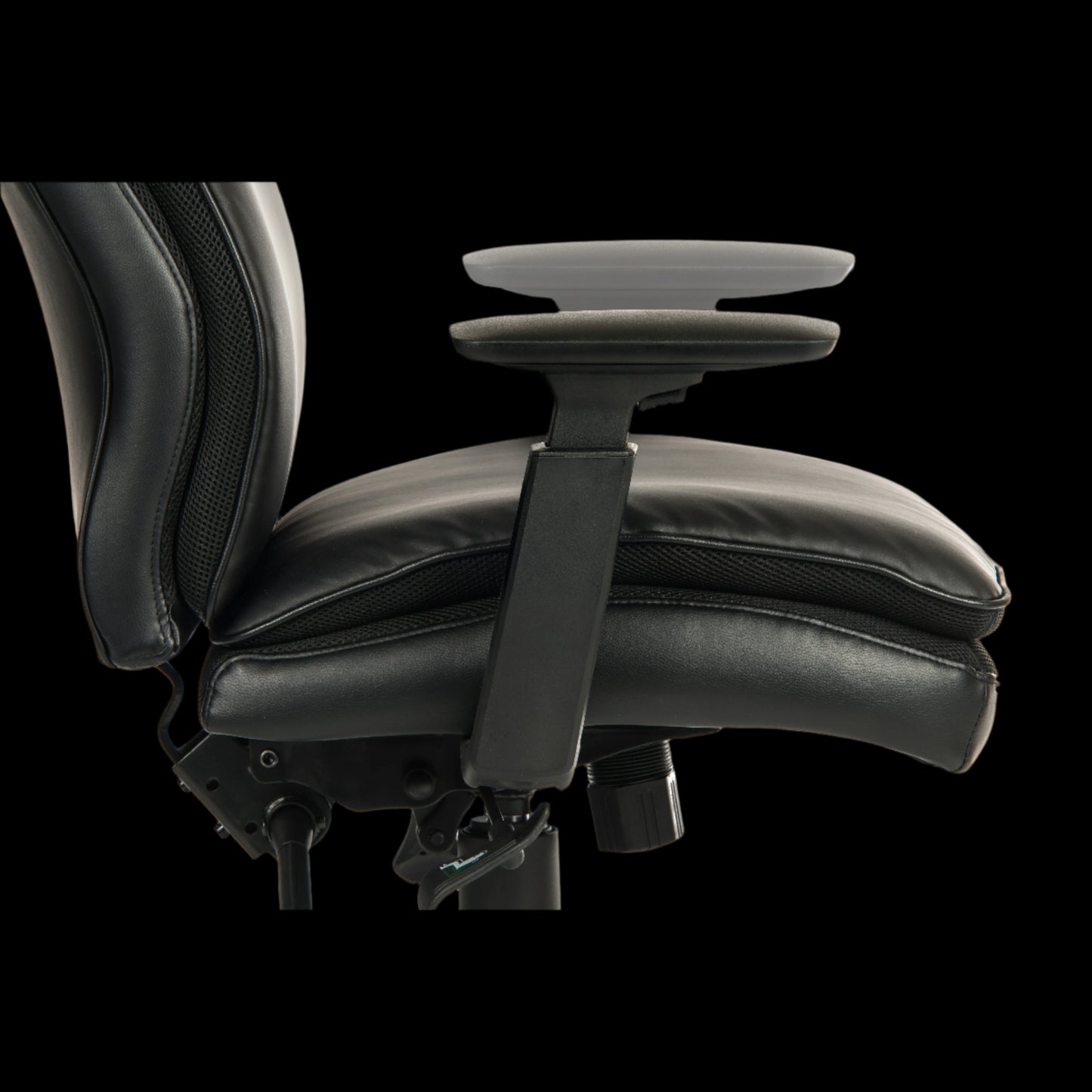 Black office chair with adjustable armrests on a black background
