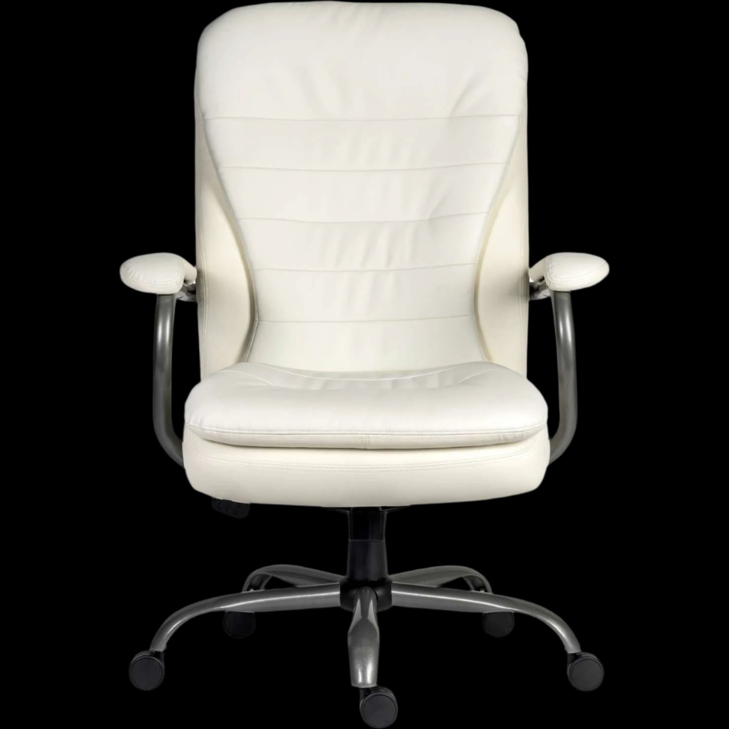 White office chair with quilted design on a black background