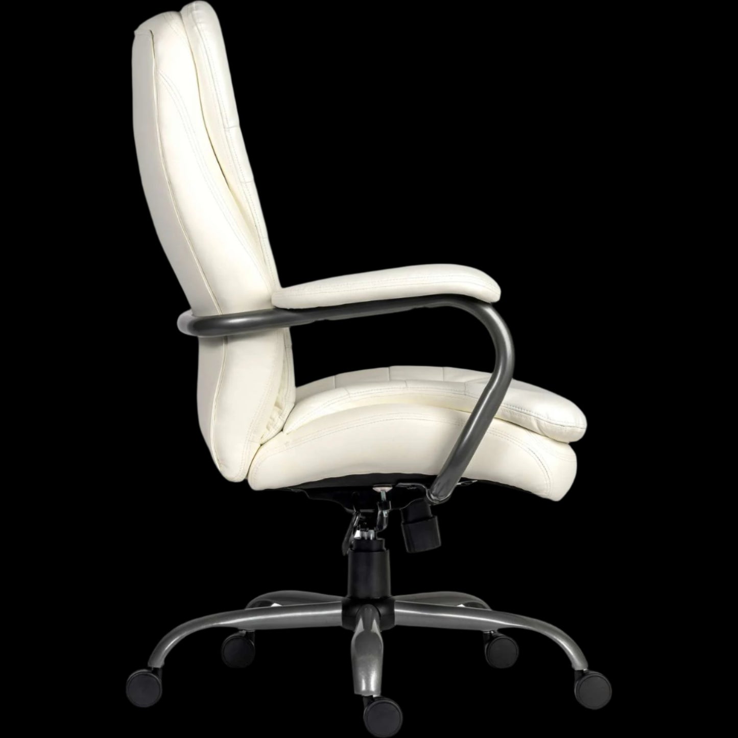 White office chair with black wheels on a black background