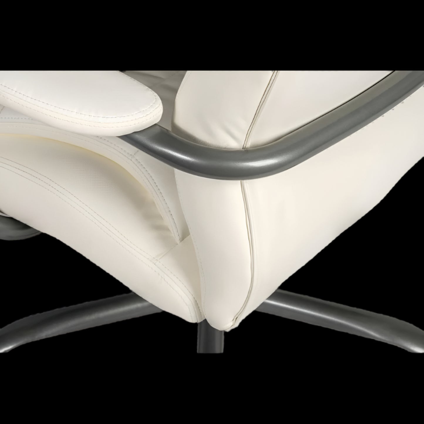 Close-up of a white office chair with gray metal frame on a black background