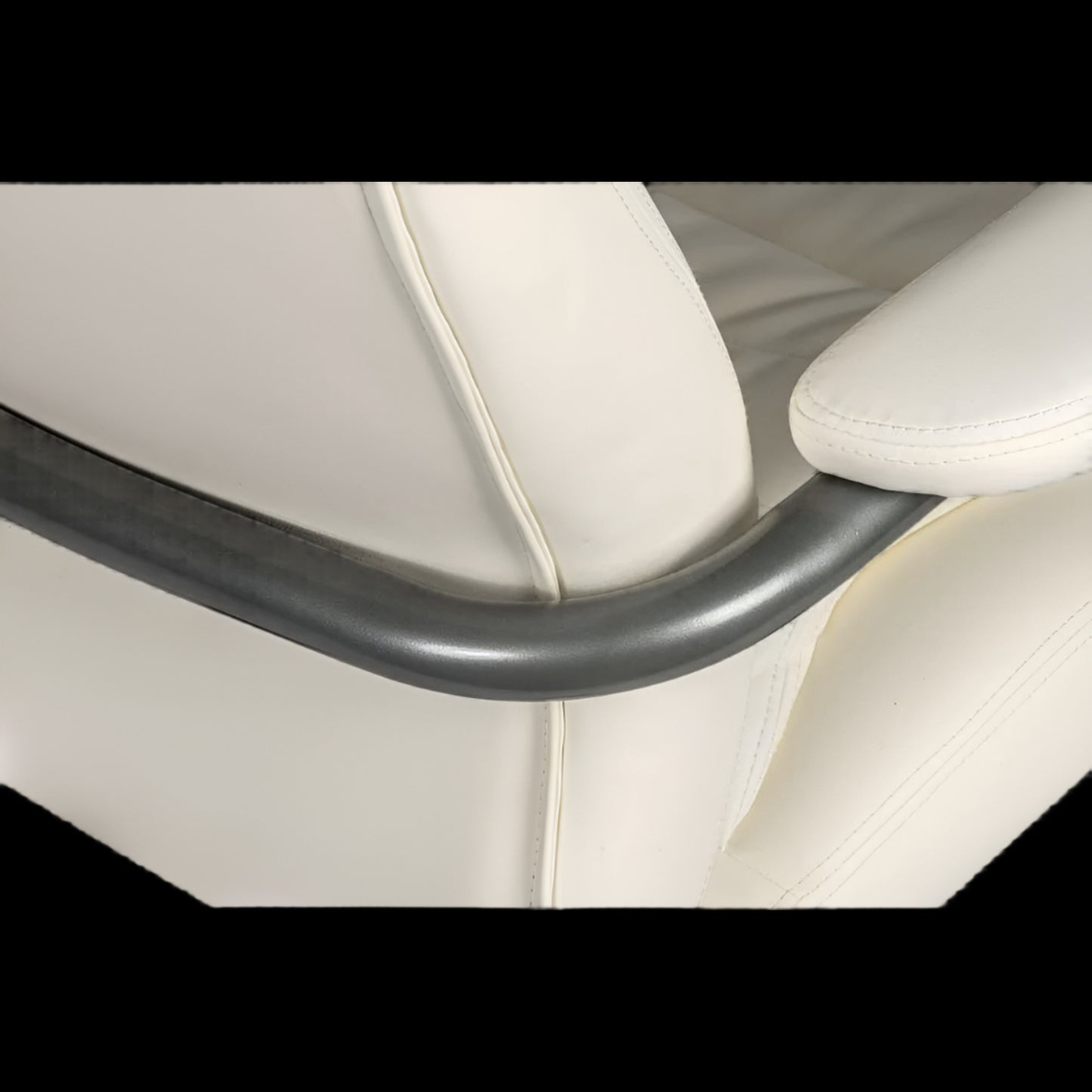 Close-up of an office chair seat with a metallic armrest