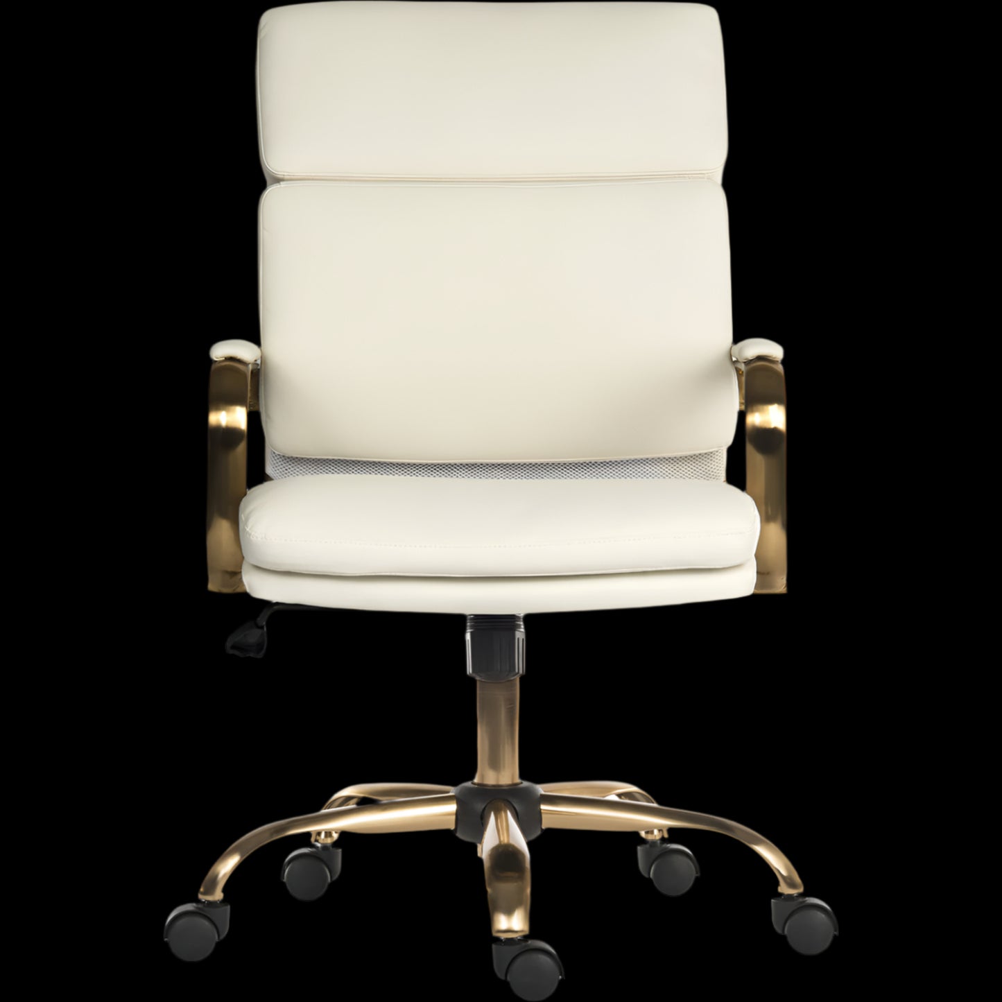 White office chair with gold accents on a black background