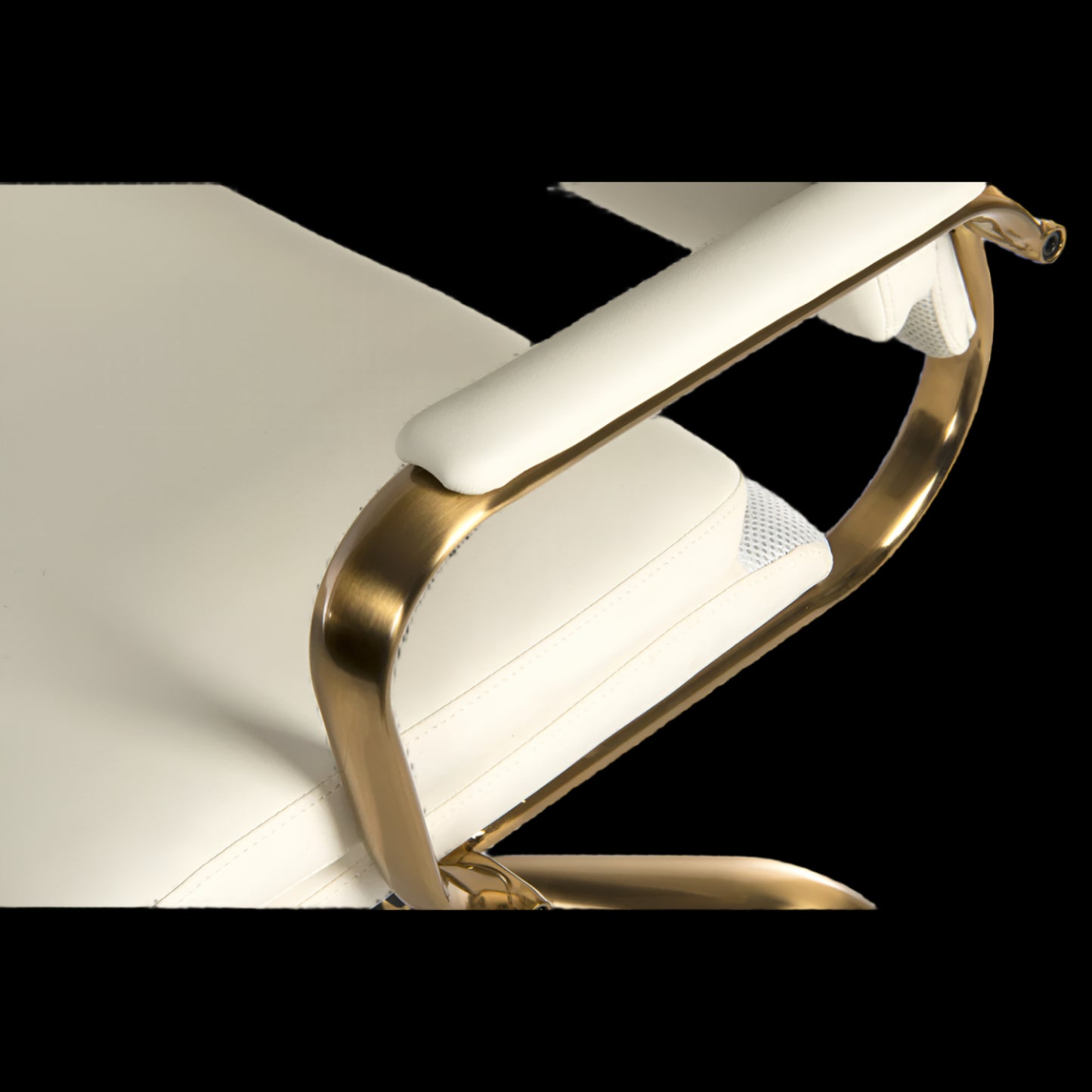 Modern chair with gold frame and white cushion on a black background