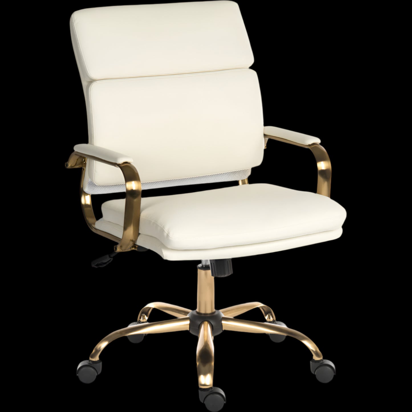 White office chair with gold accents on a black background