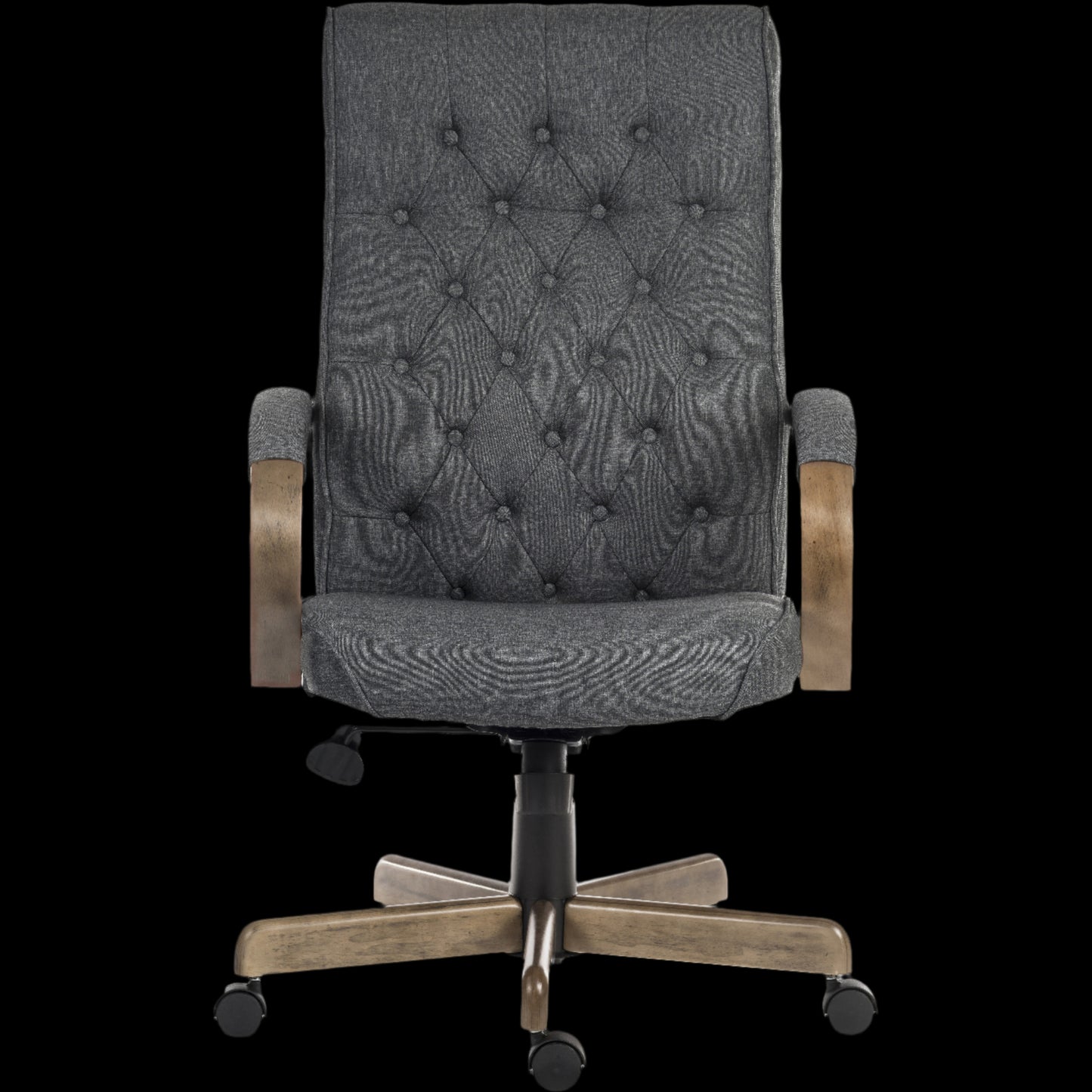 Gray office chair with tufted backrest on a black background