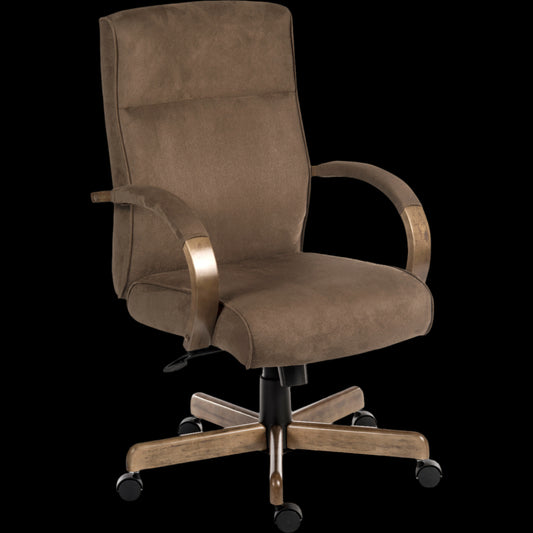 Brown office chair with armrests on a black background