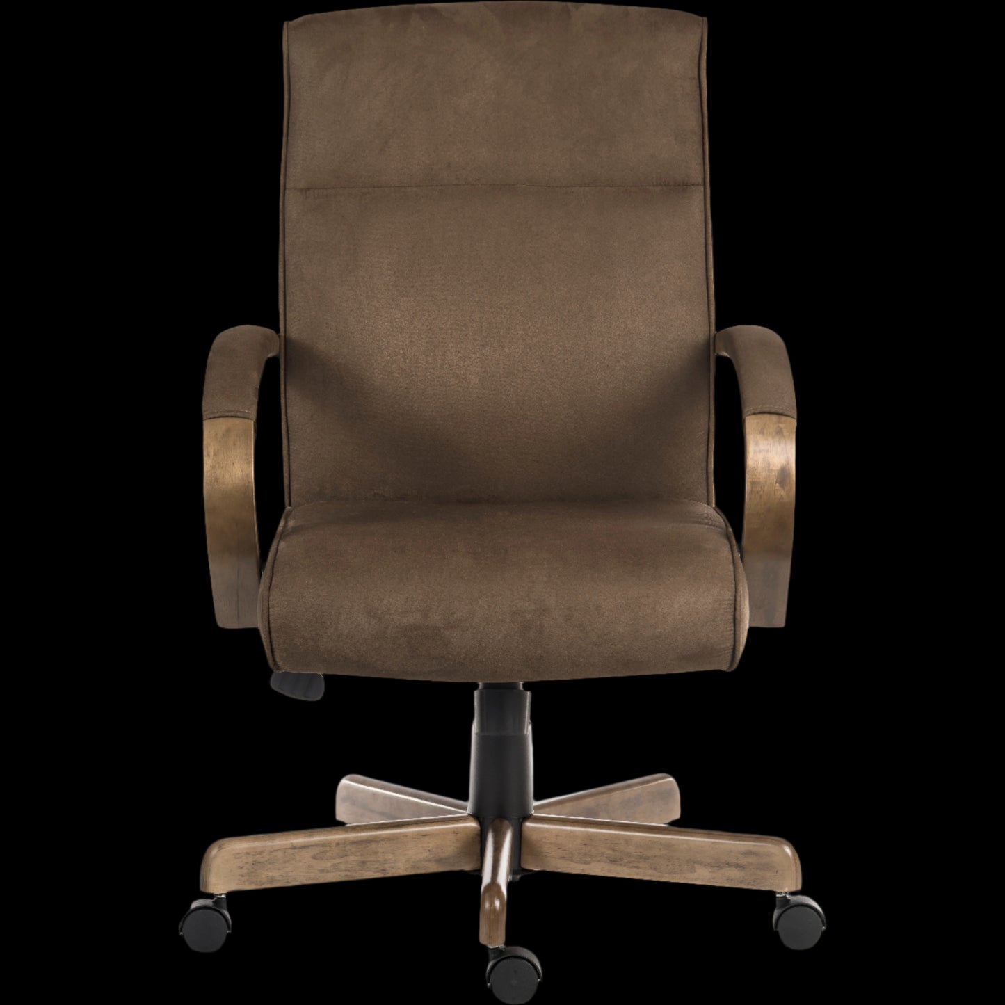Brown office chair with wooden armrests and base on a black background