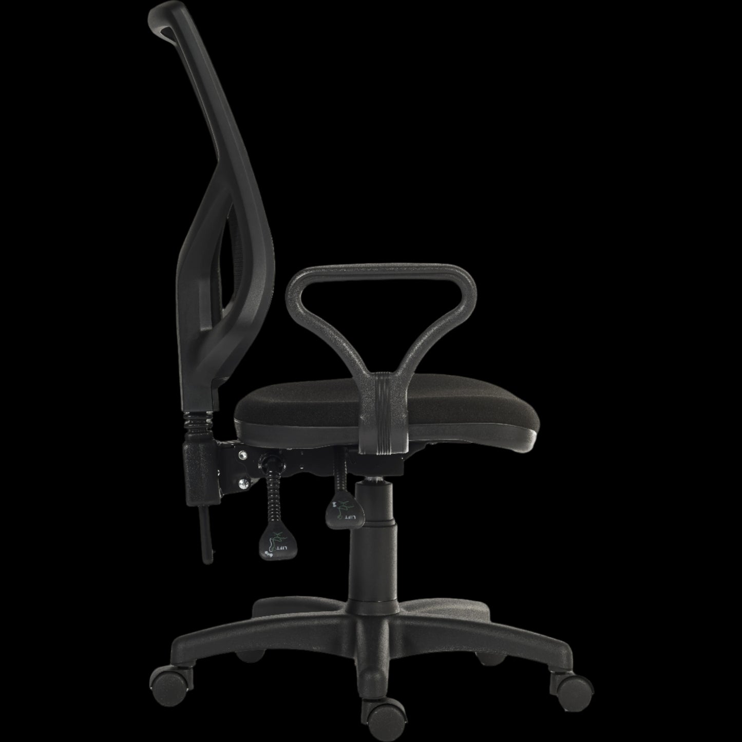 Black office chair with adjustable features on a black background