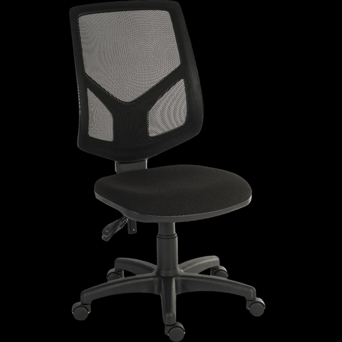 Black office chair with mesh back on a black background
