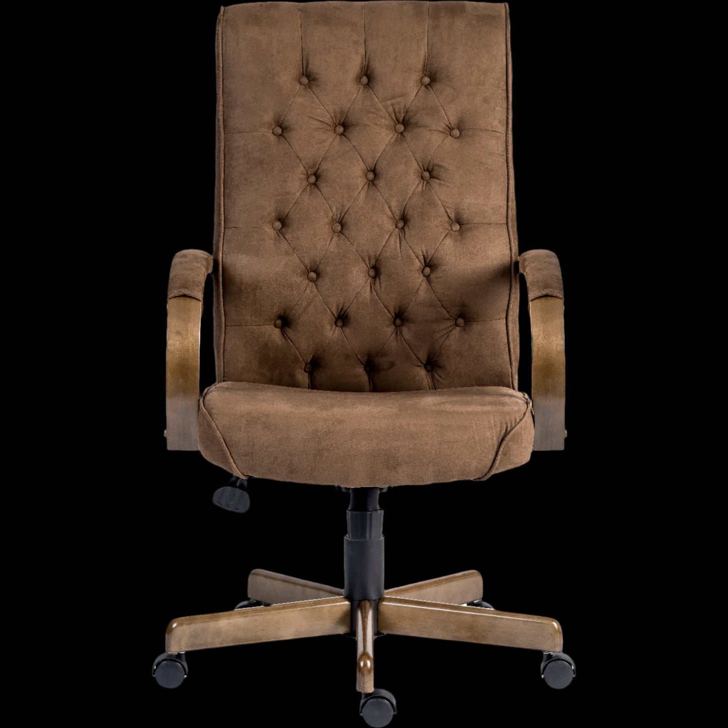 Brown tufted office chair on a black background