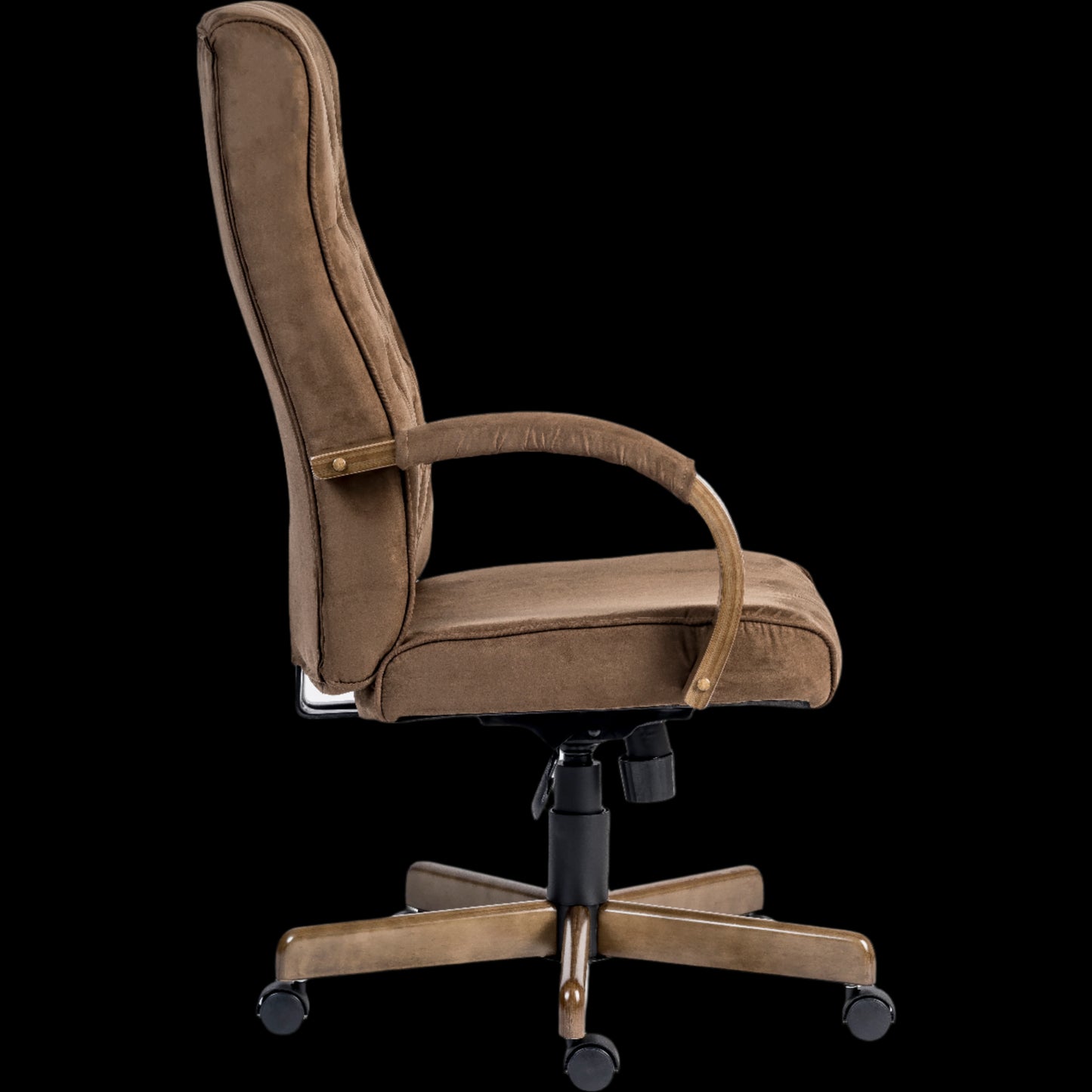 Brown office chair with a black base on a black background
