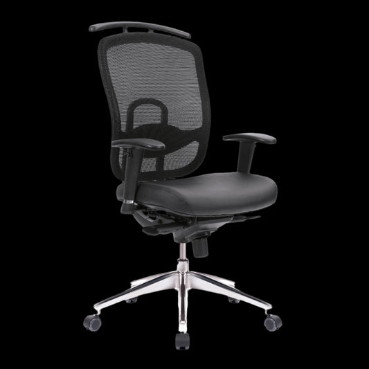 Black office chair with mesh backrest on a black background