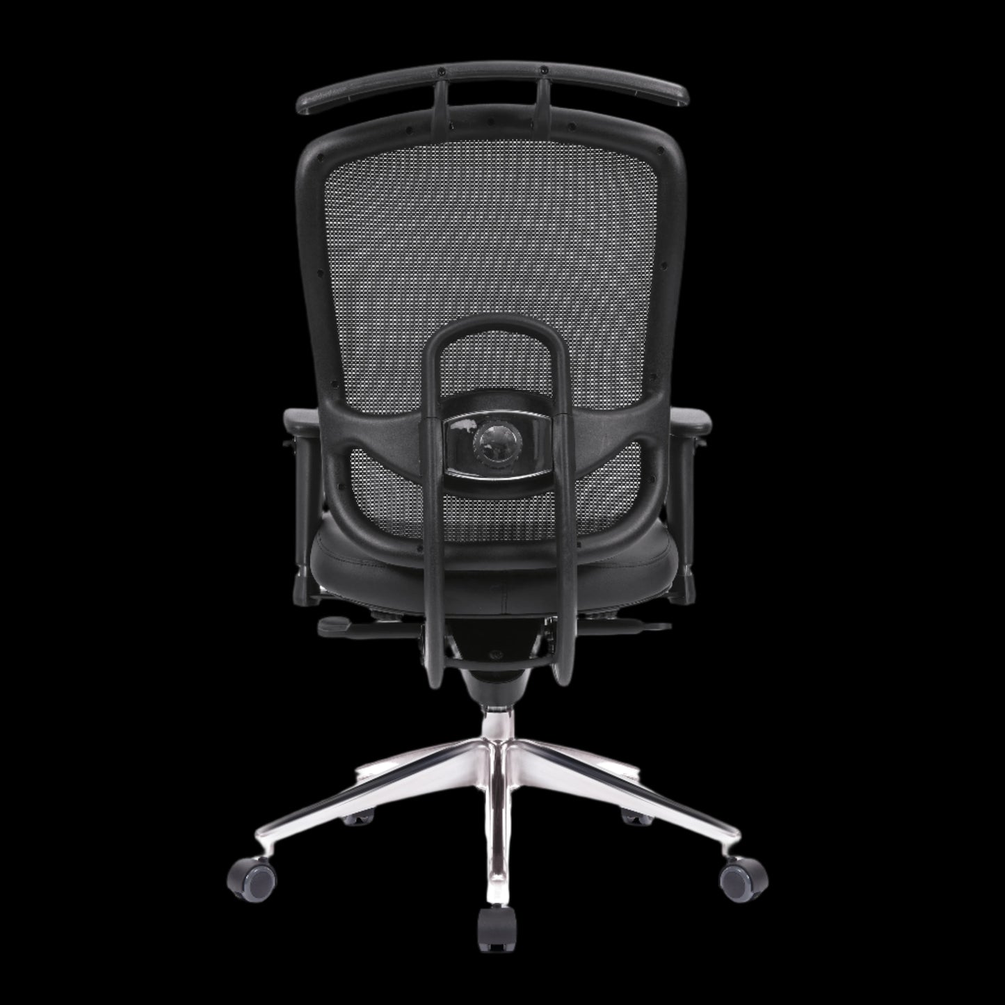 Black office chair with mesh backrest on a black background