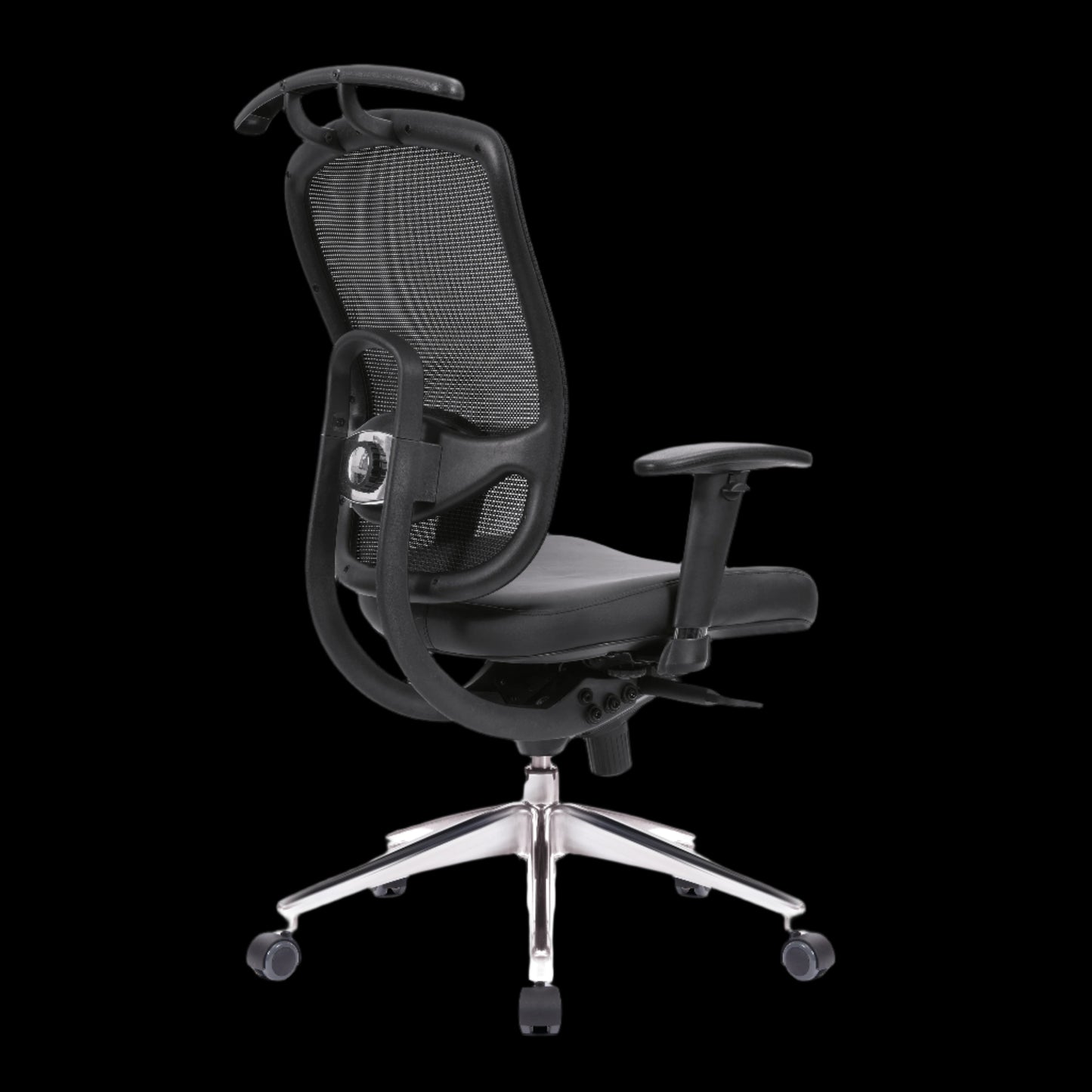Black office chair with mesh backrest on a black background