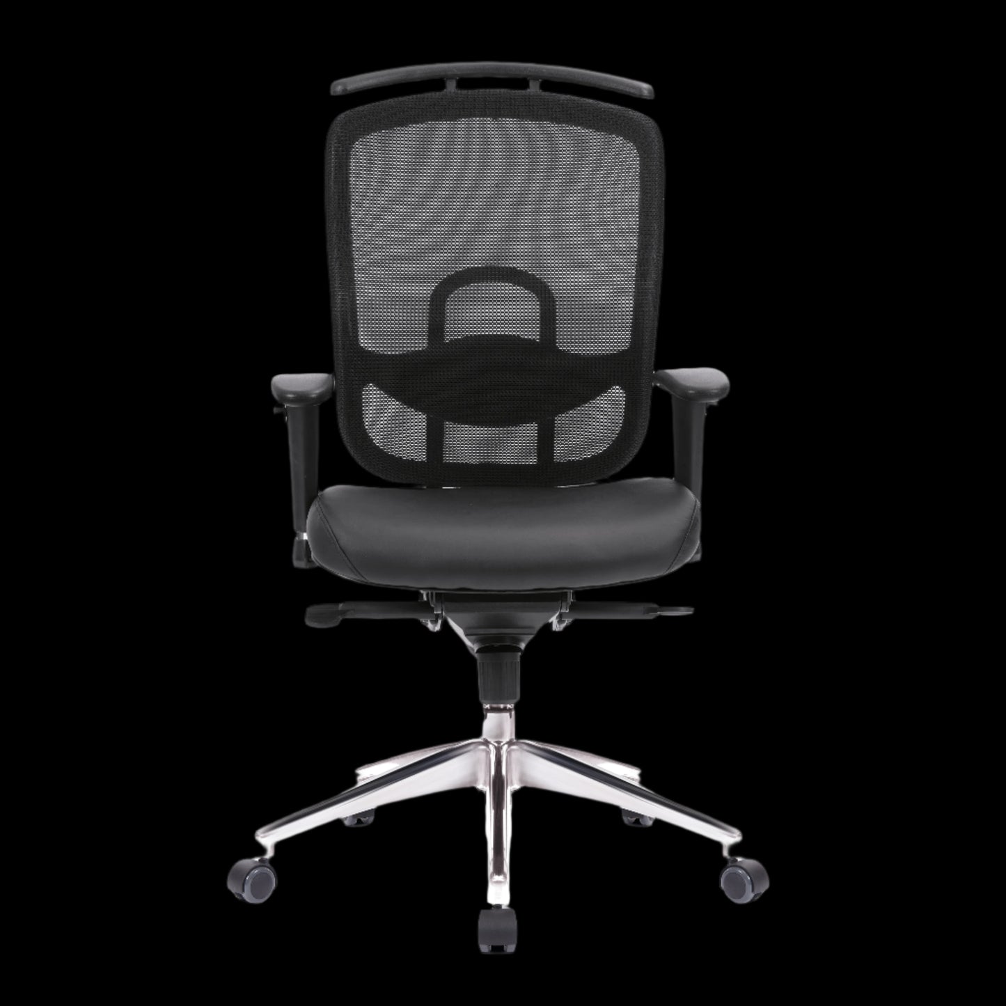 Black office chair with mesh backrest on a black background
