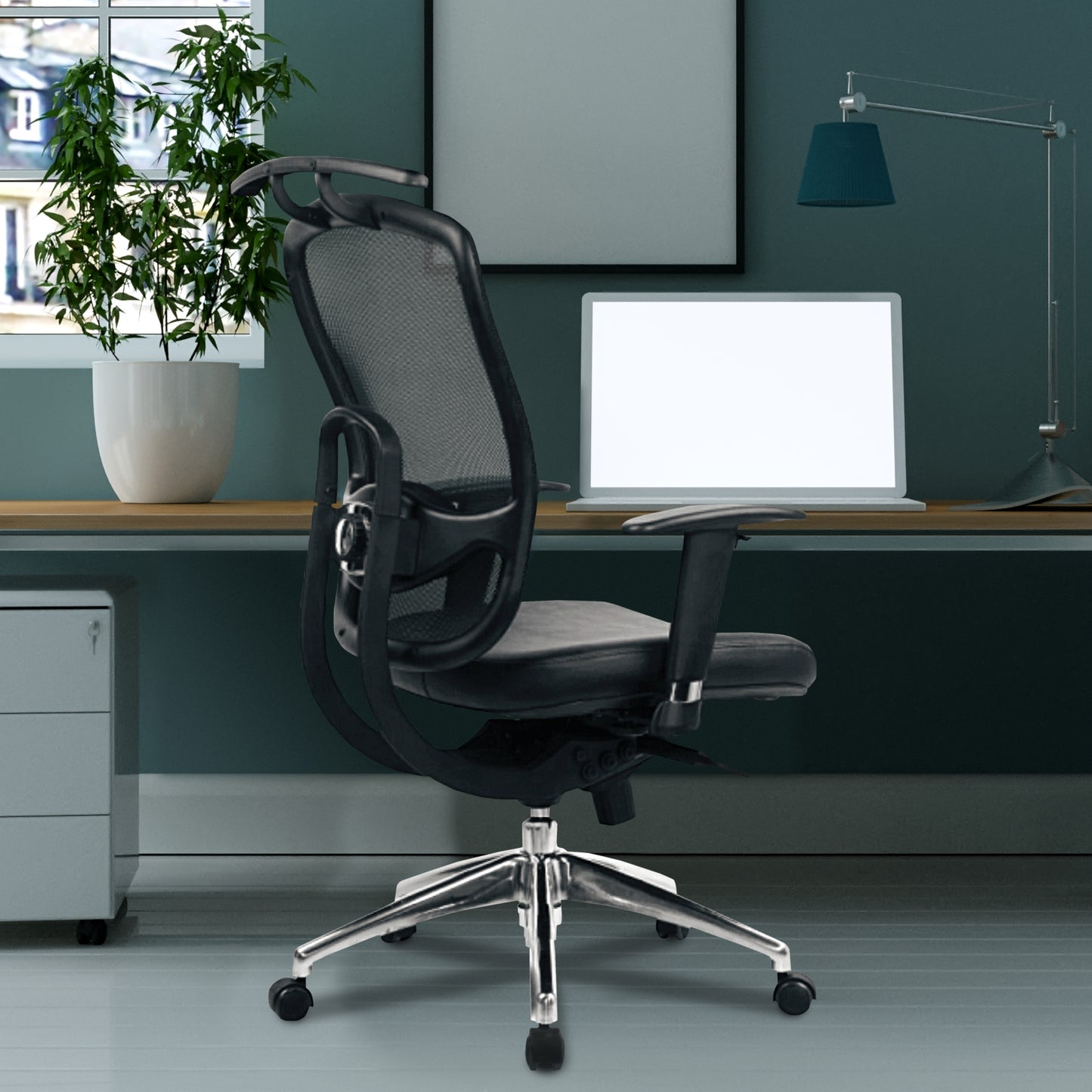 Ergonomic office chair in a modern office setting with a desk, computer, and lamp.