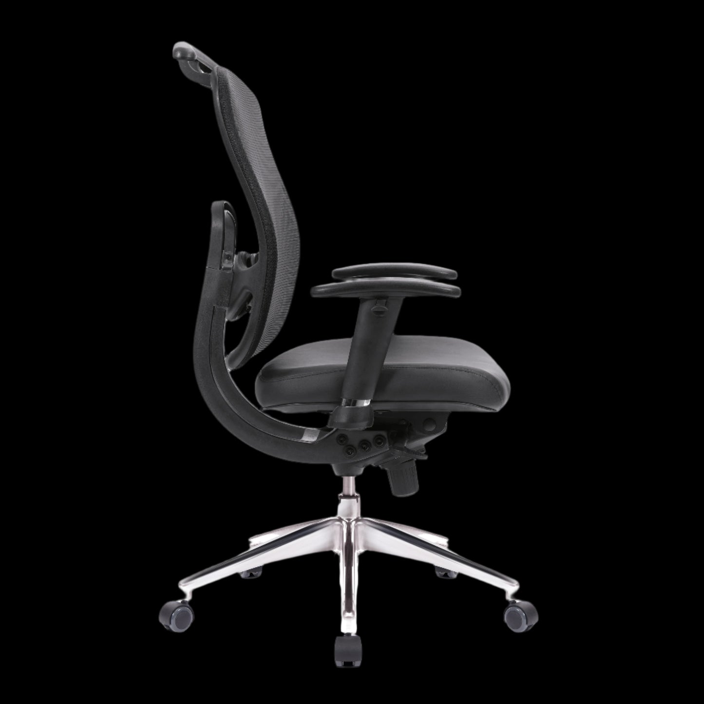 Black office chair with adjustable armrests on a black background