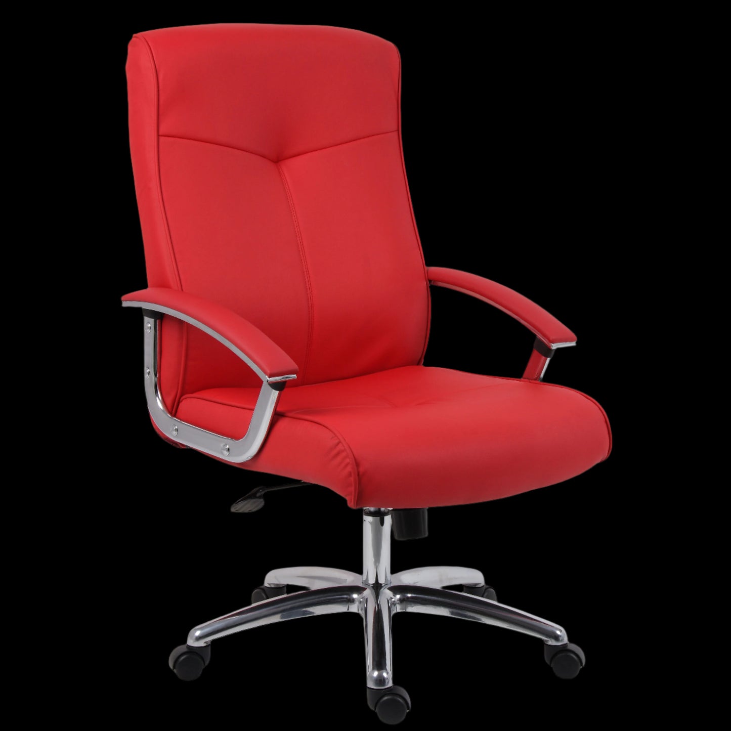 Red office chair with chrome base on a black background