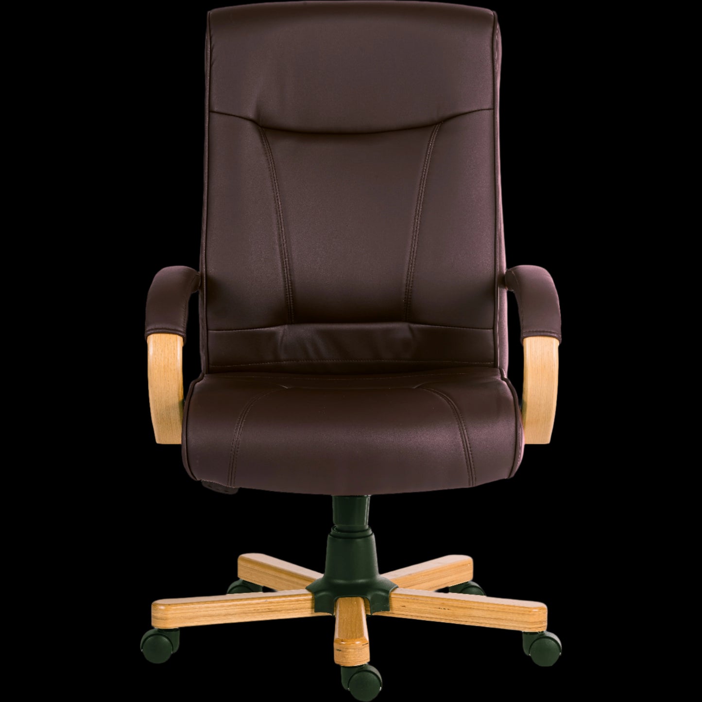 Brown office chair with wooden armrests and base on a black background