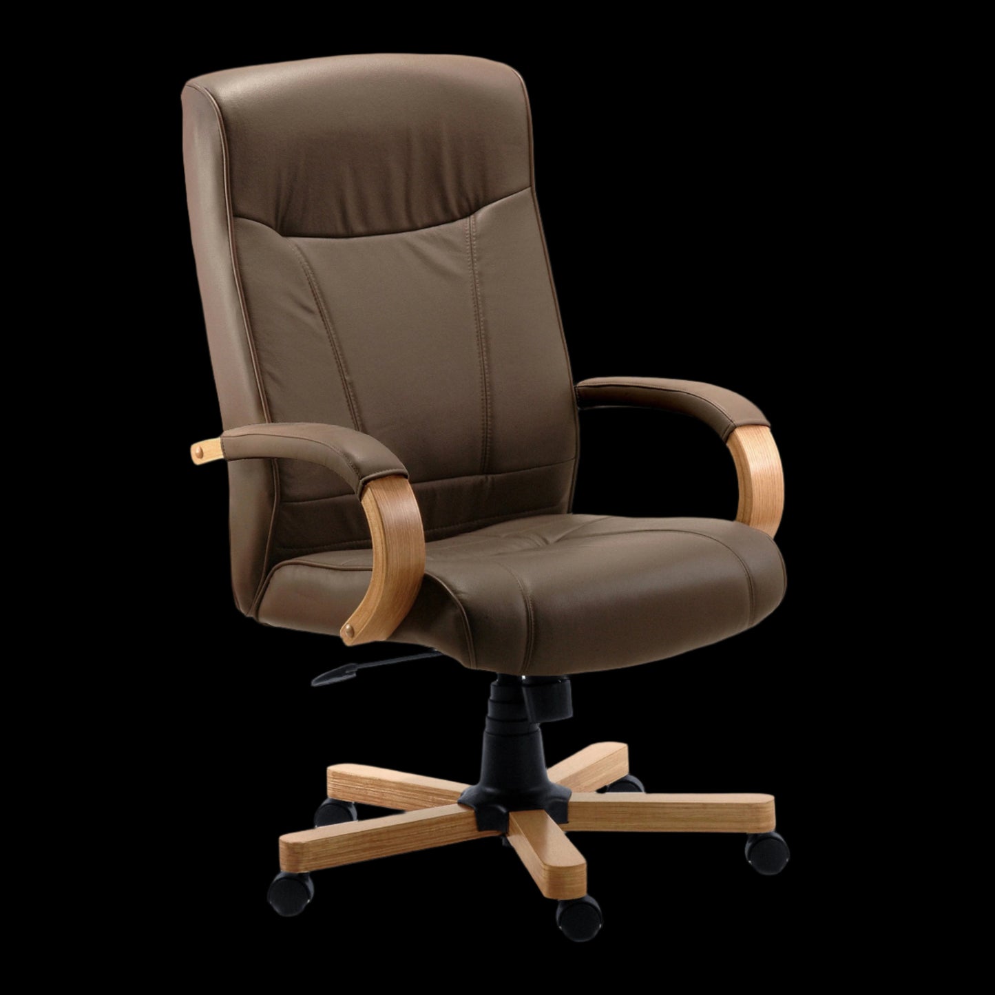 Brown office chair with wooden armrests and legs on a black background