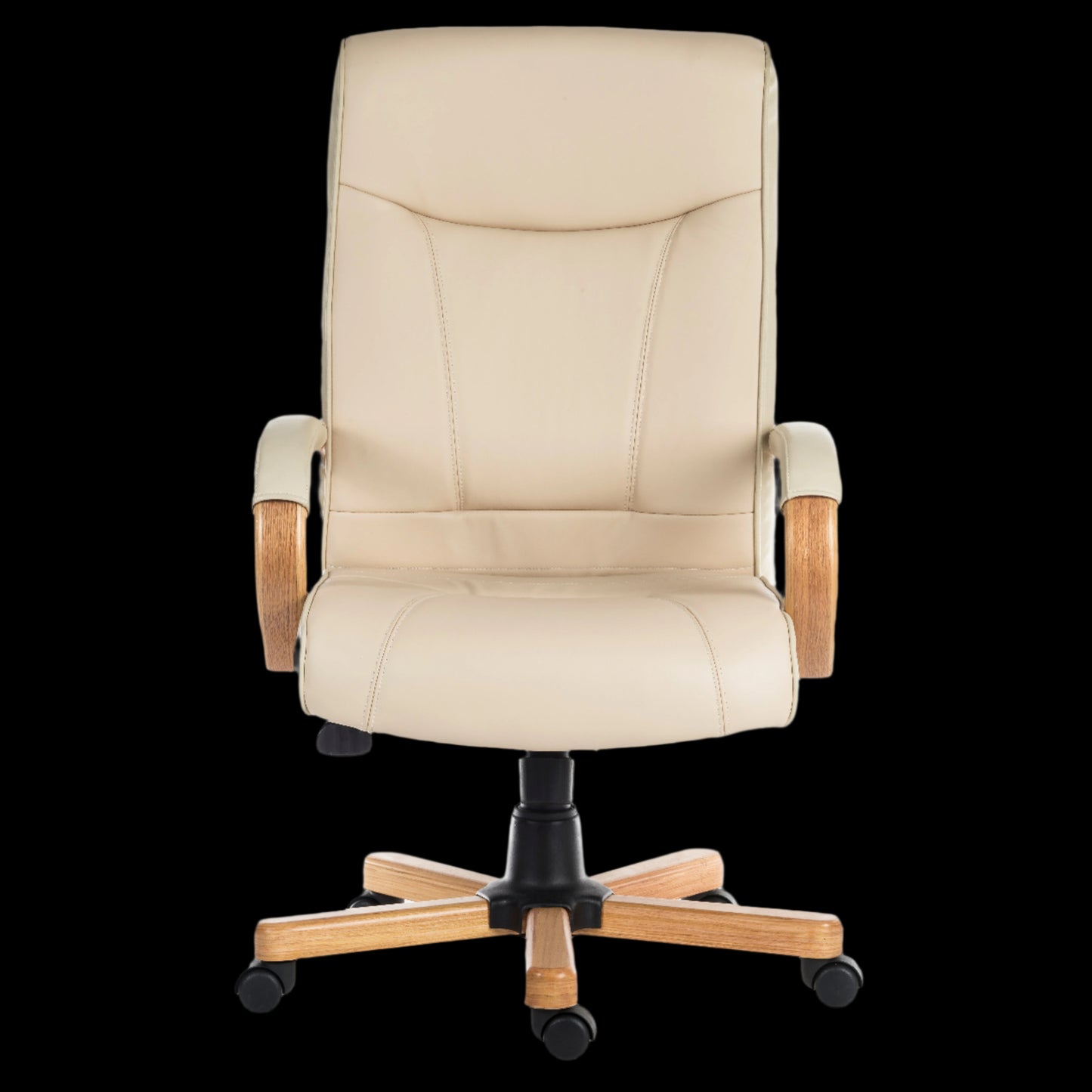 Beige office chair with wooden armrests and base on a black background