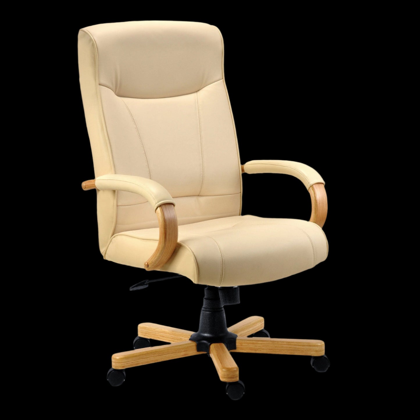 Beige office chair with wooden armrests and base on a black background