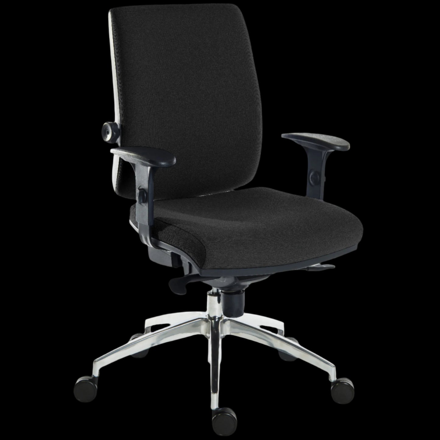 Black office chair with adjustable armrests on a black background