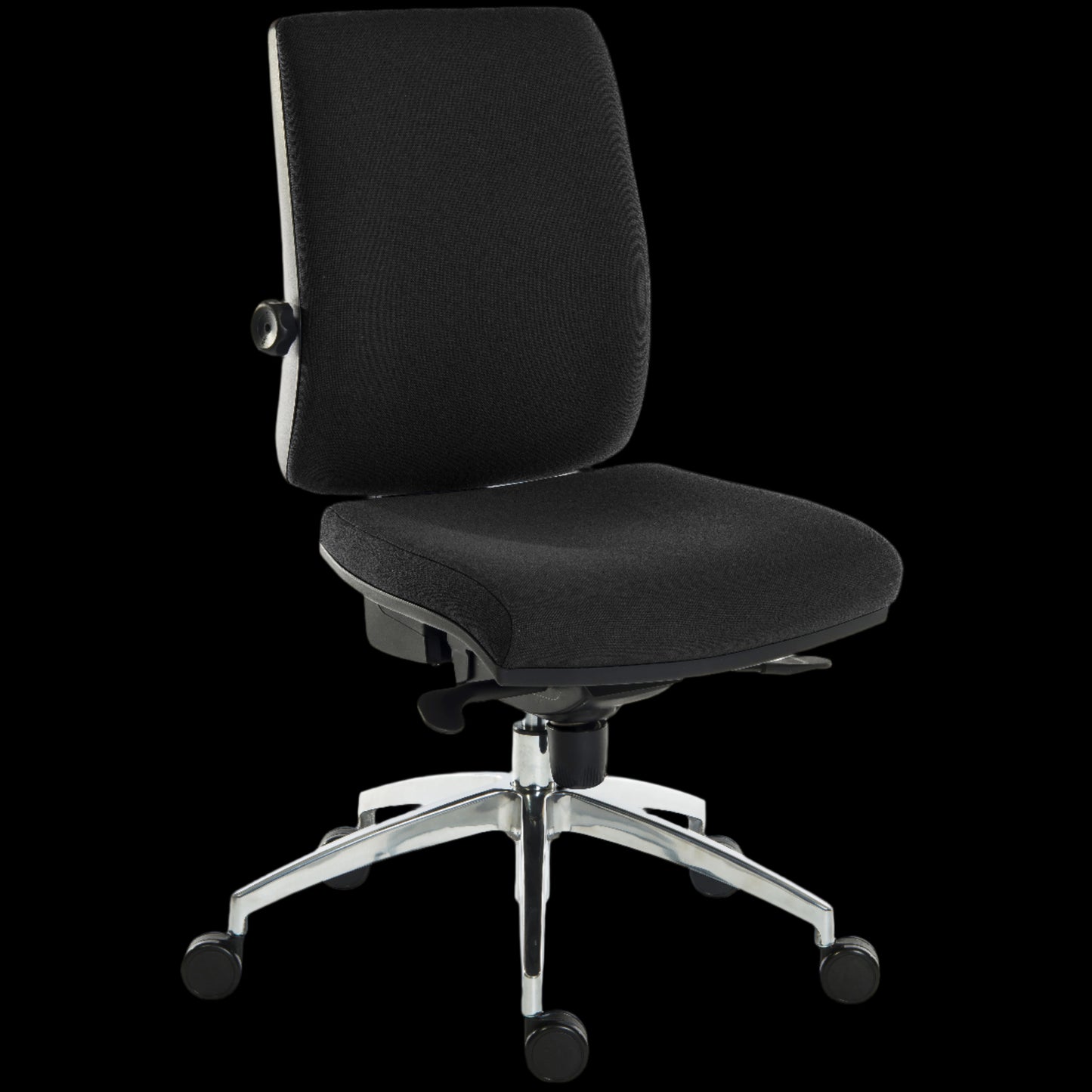 Black office chair with a chrome base on a black background