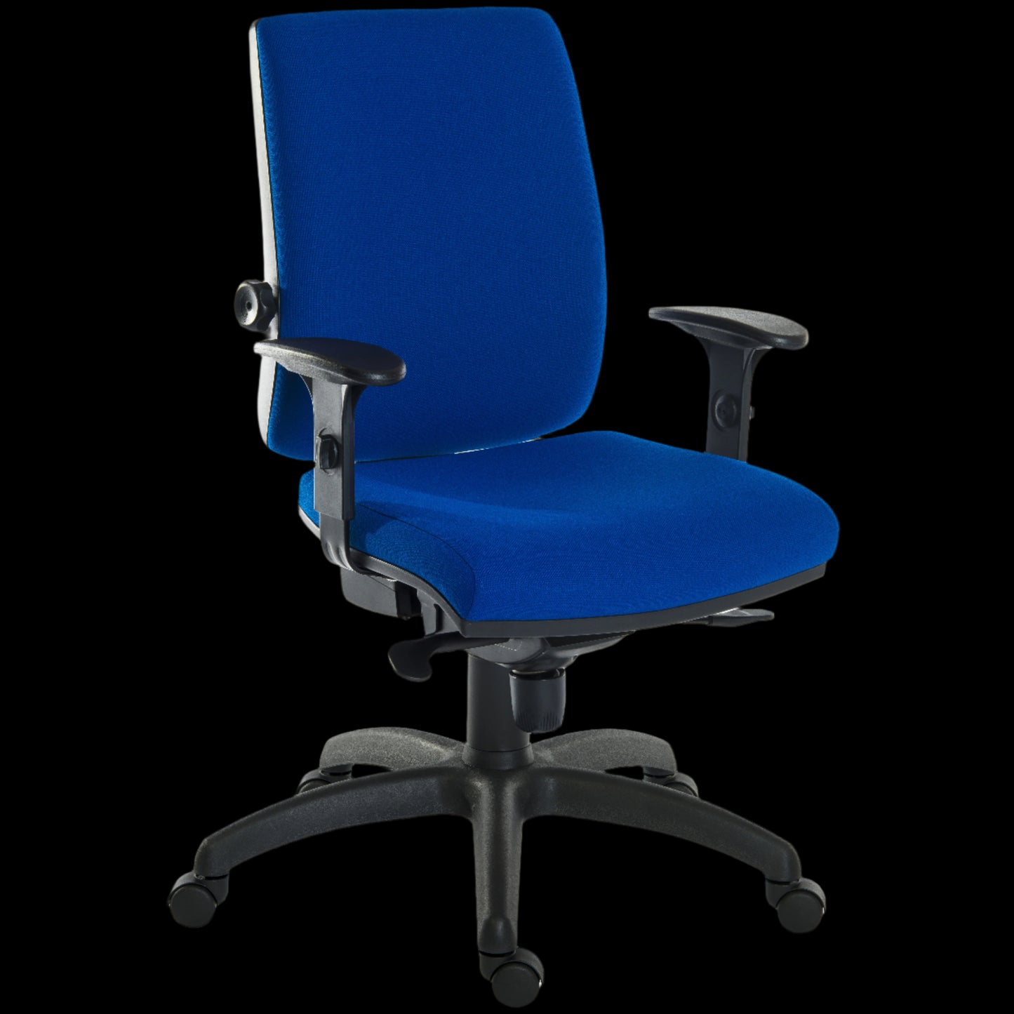 Blue office chair with black frame on a black background