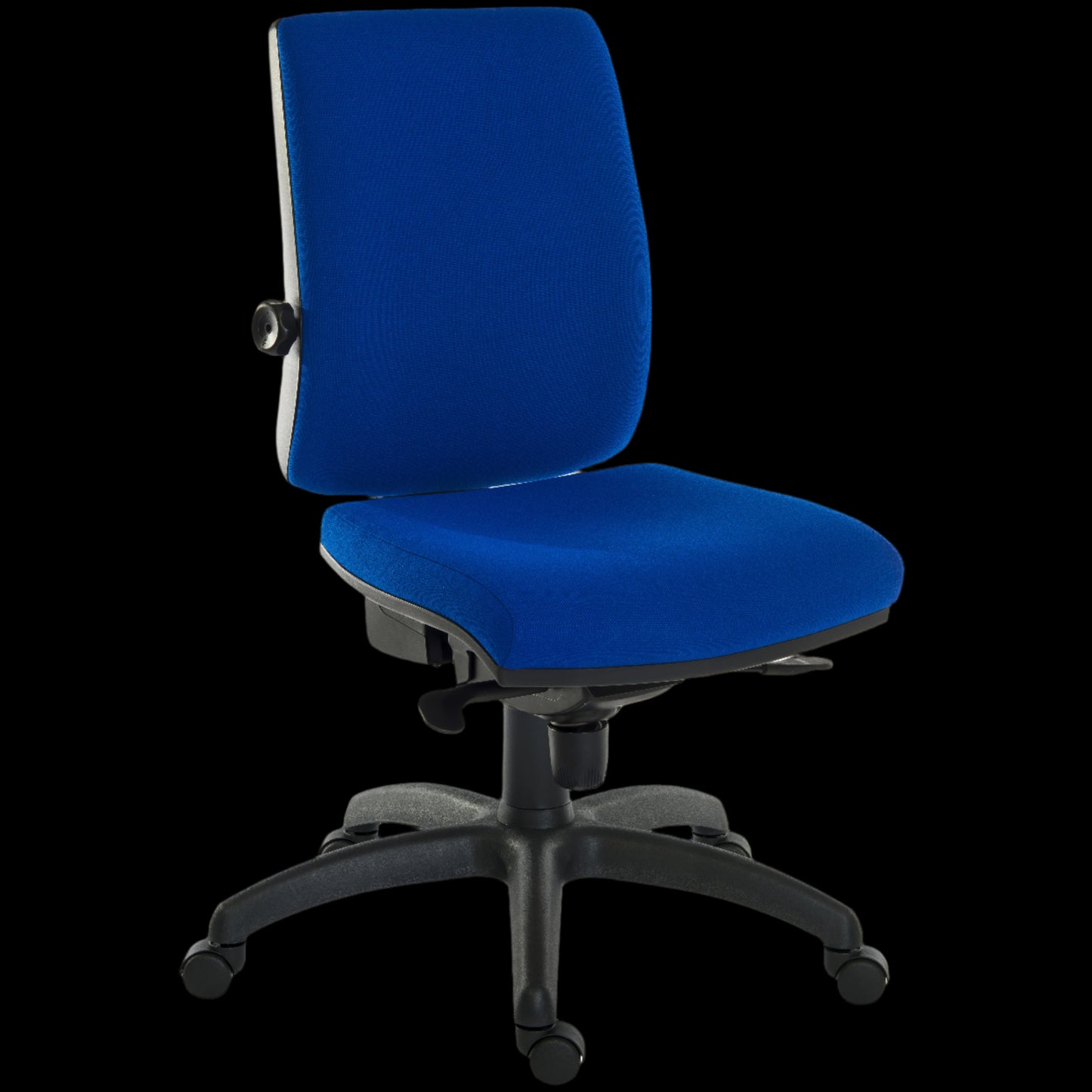Blue office chair with black base on a black background