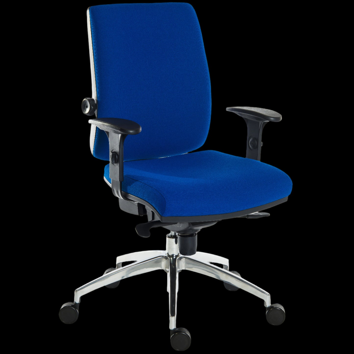 Blue office chair with black armrests and base on a black background
