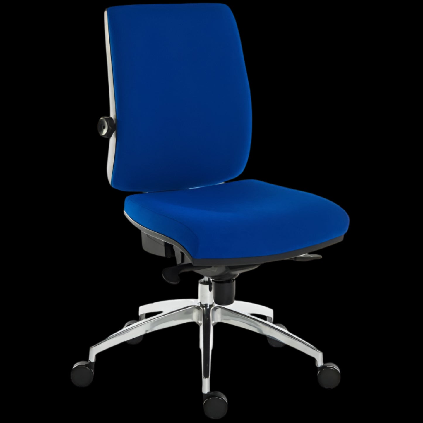 Blue office chair with a black base on a black background