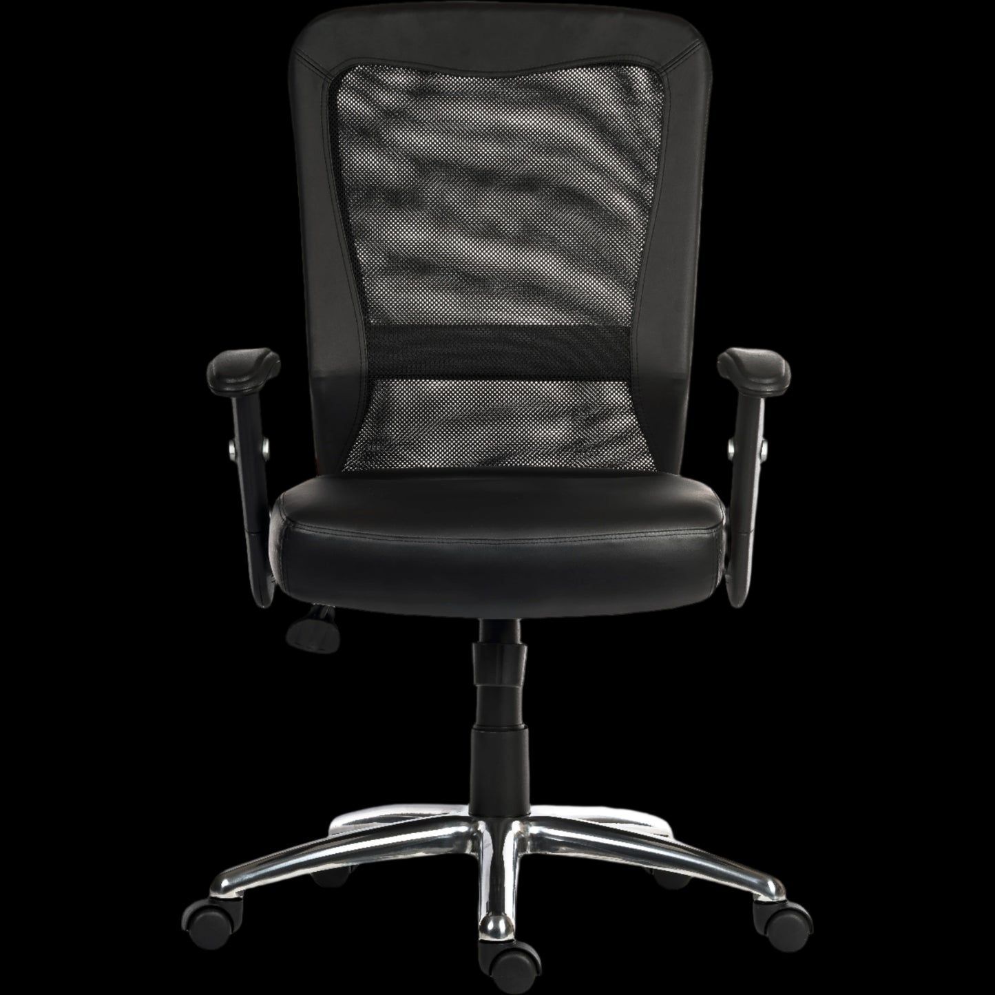 Black office chair with mesh backrest on a black background