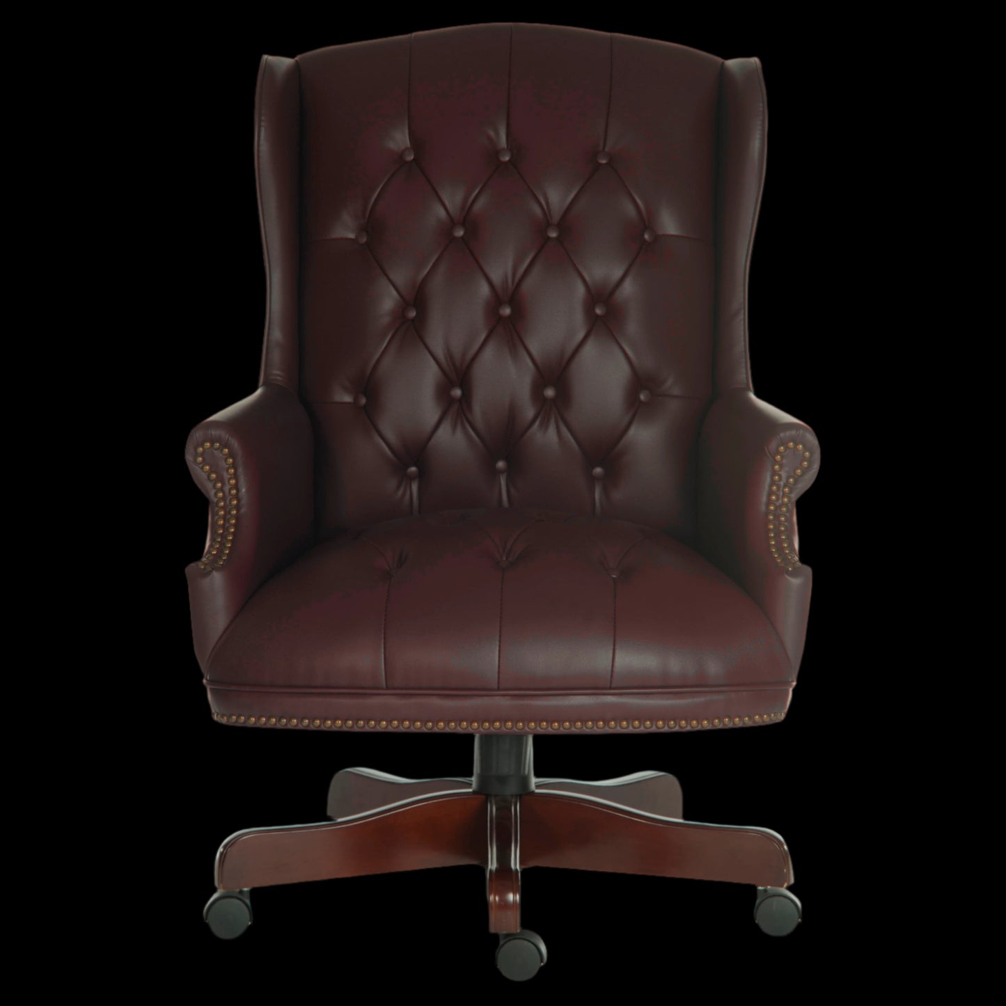 Brown leather office chair with tufted backrest on a black background