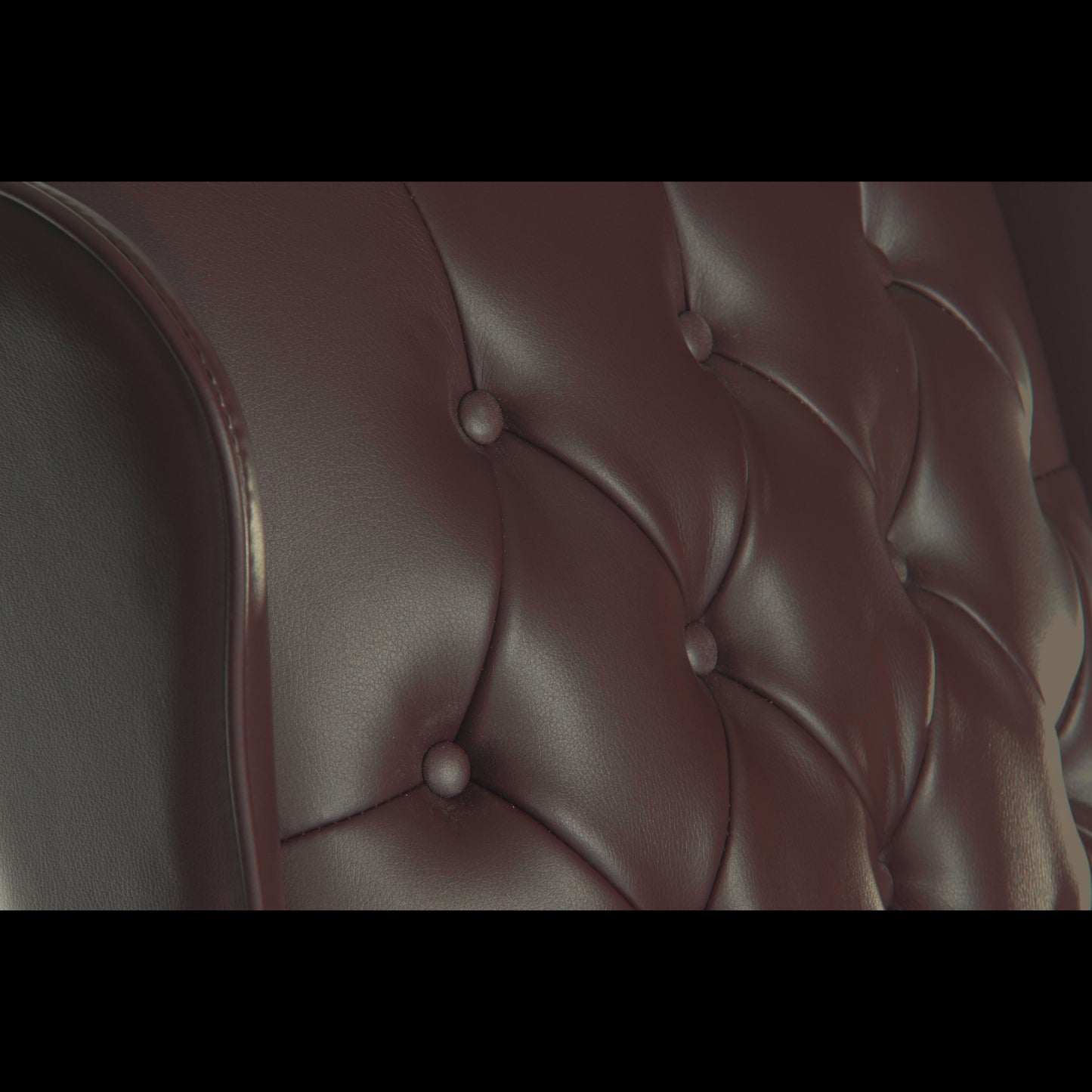 Close-up of a brown leather headboard with tufted design