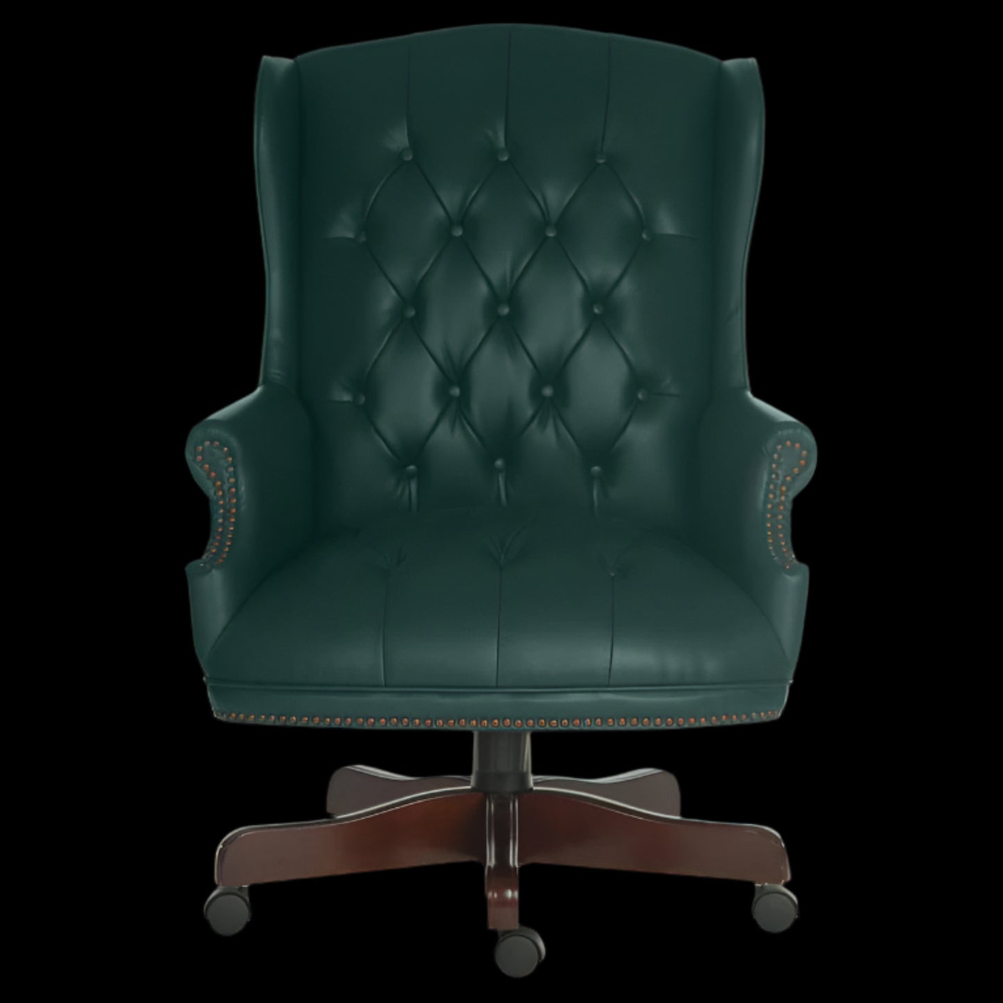 Green leather office chair with wooden base on a black background
