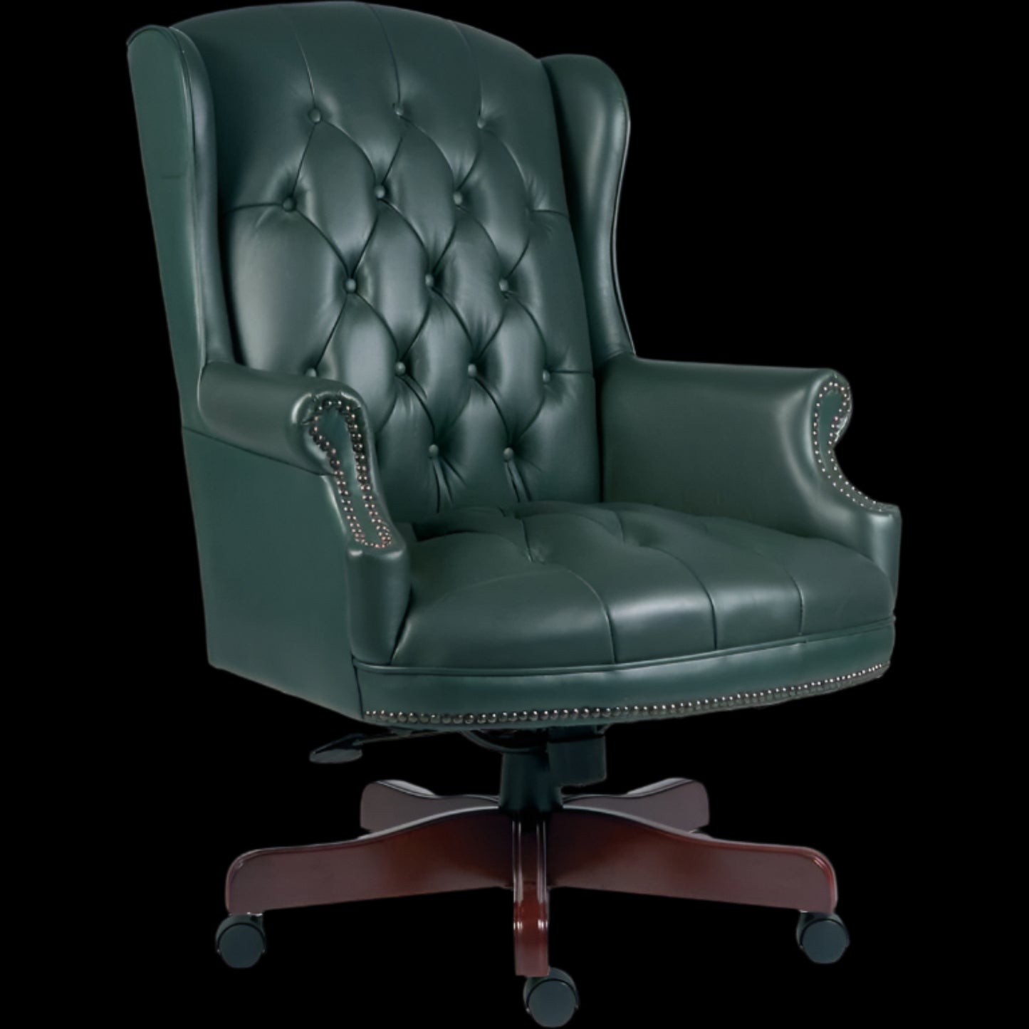 Green leather office chair with tufted backrest on a black background