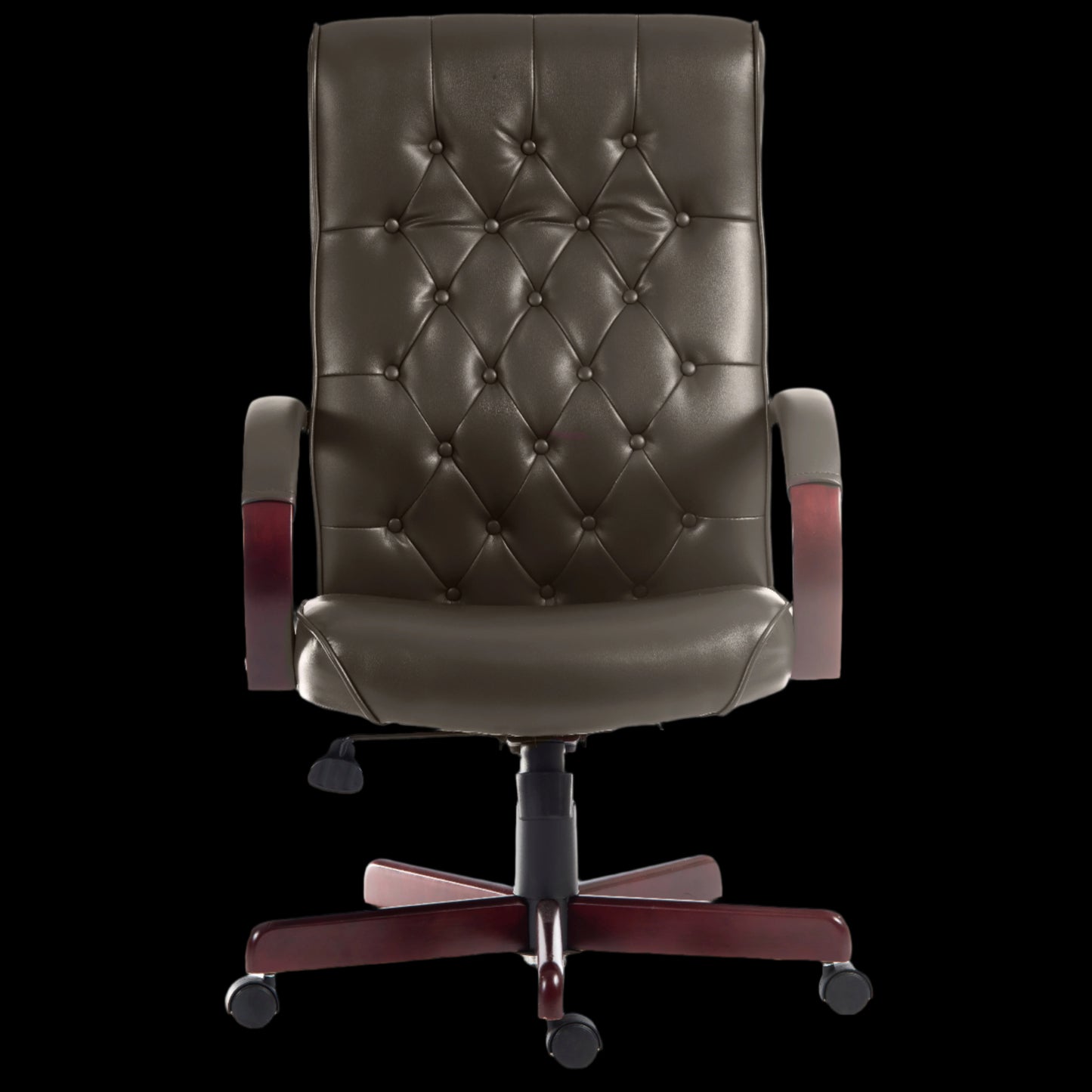 Brown leather office chair with tufted backrest on a black background