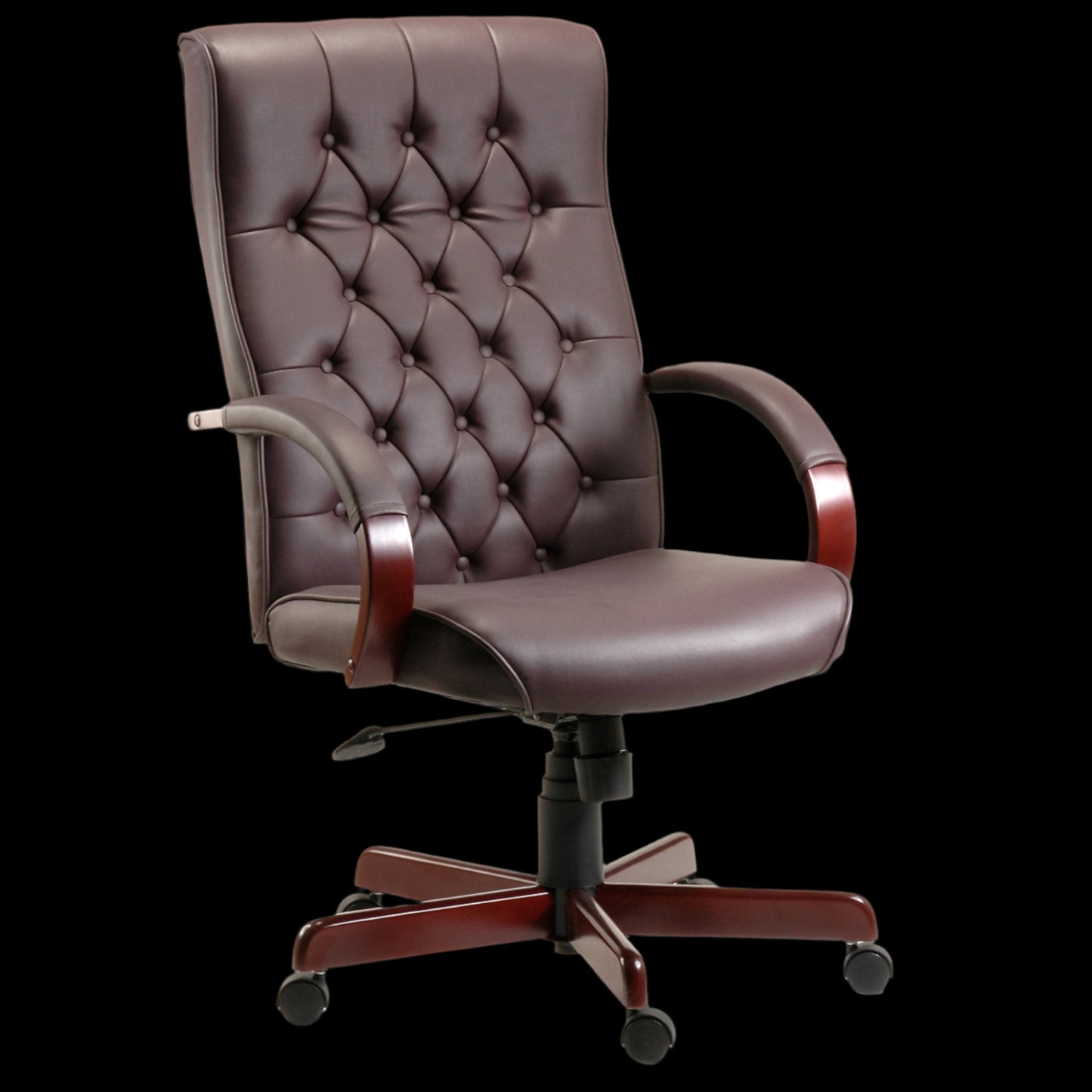 Brown leather office chair with tufted backrest on a black background