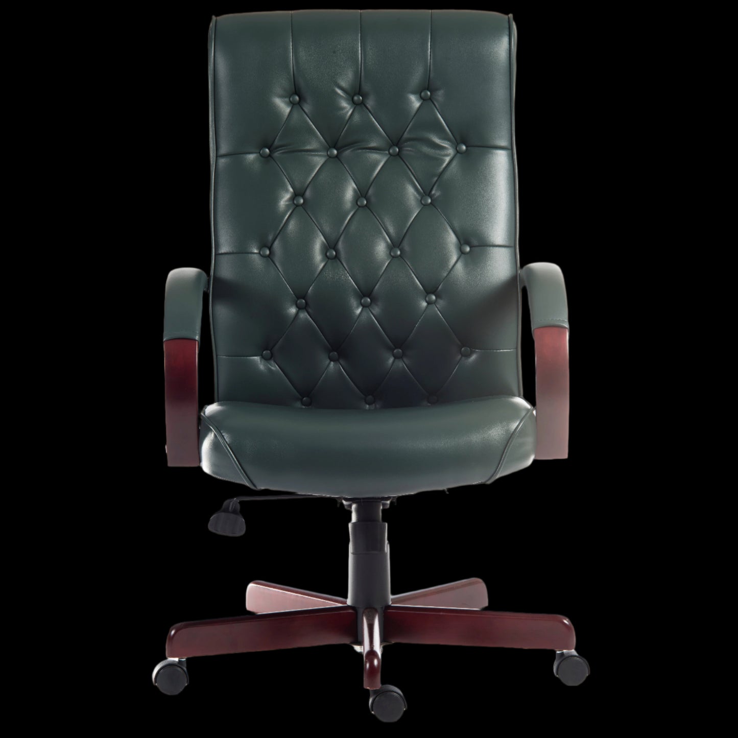 Green leather office chair with tufted backrest on a black background