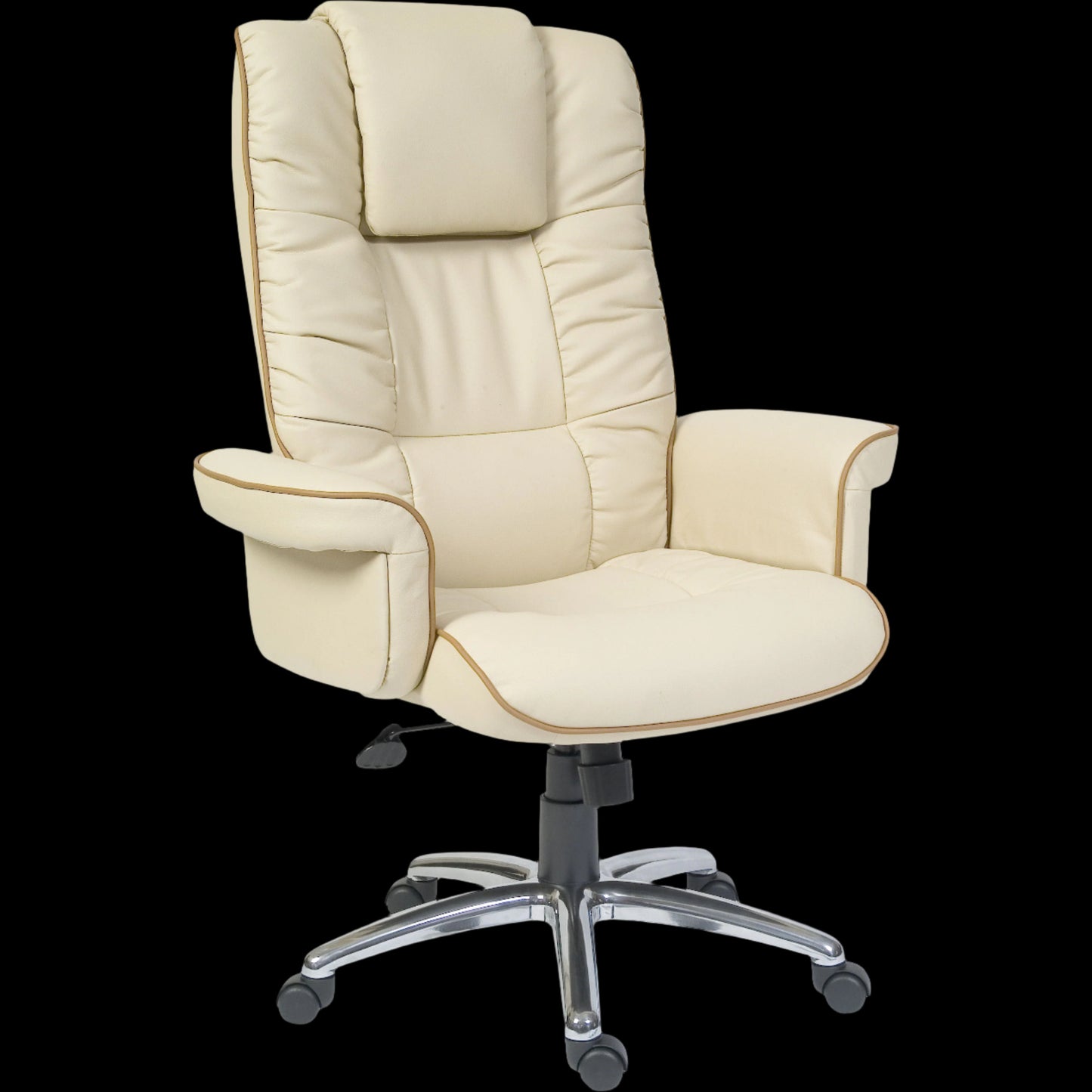 Beige office chair with a high backrest on a black background