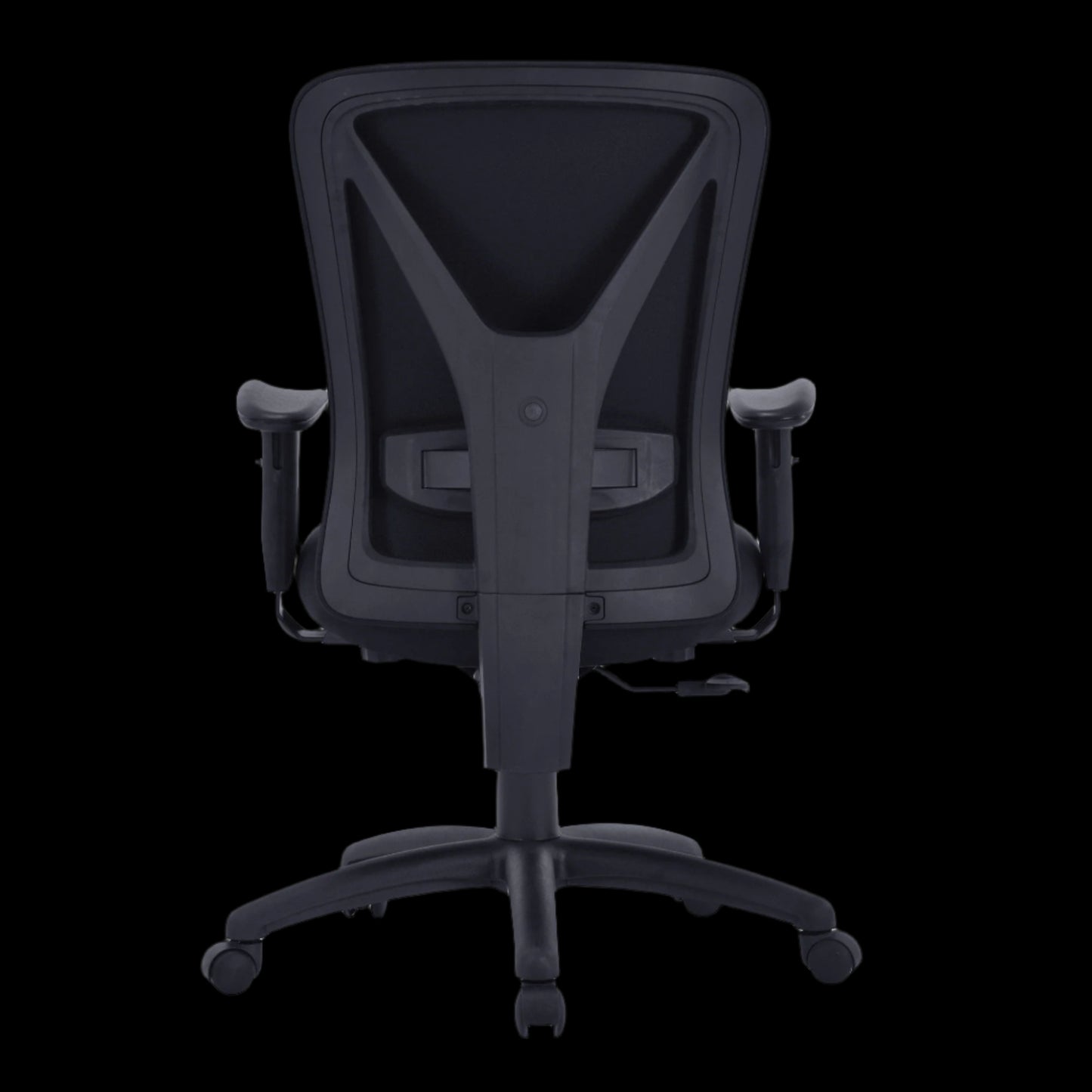 Black office chair with adjustable arms on a black background