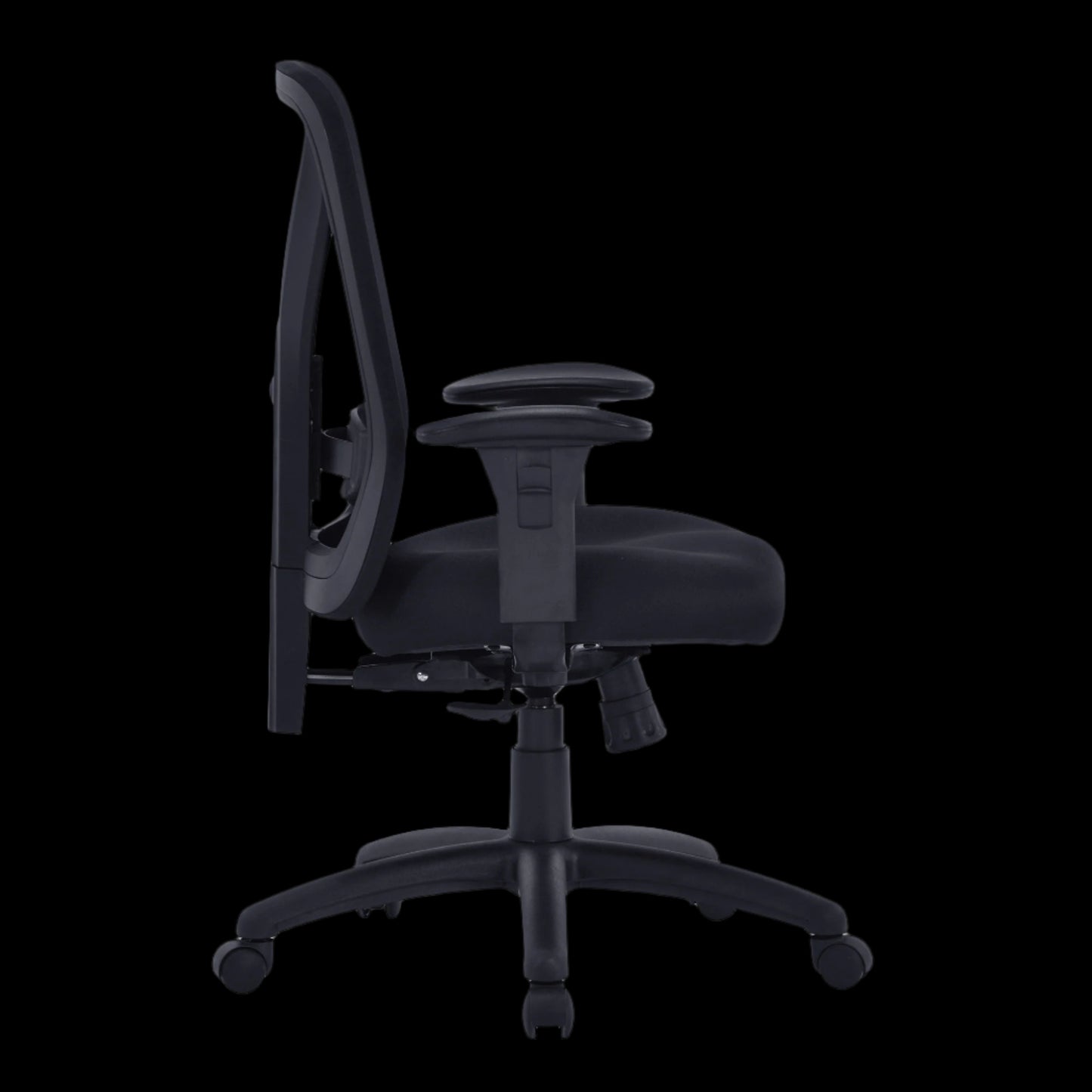 Black office chair with adjustable backrest on a black background